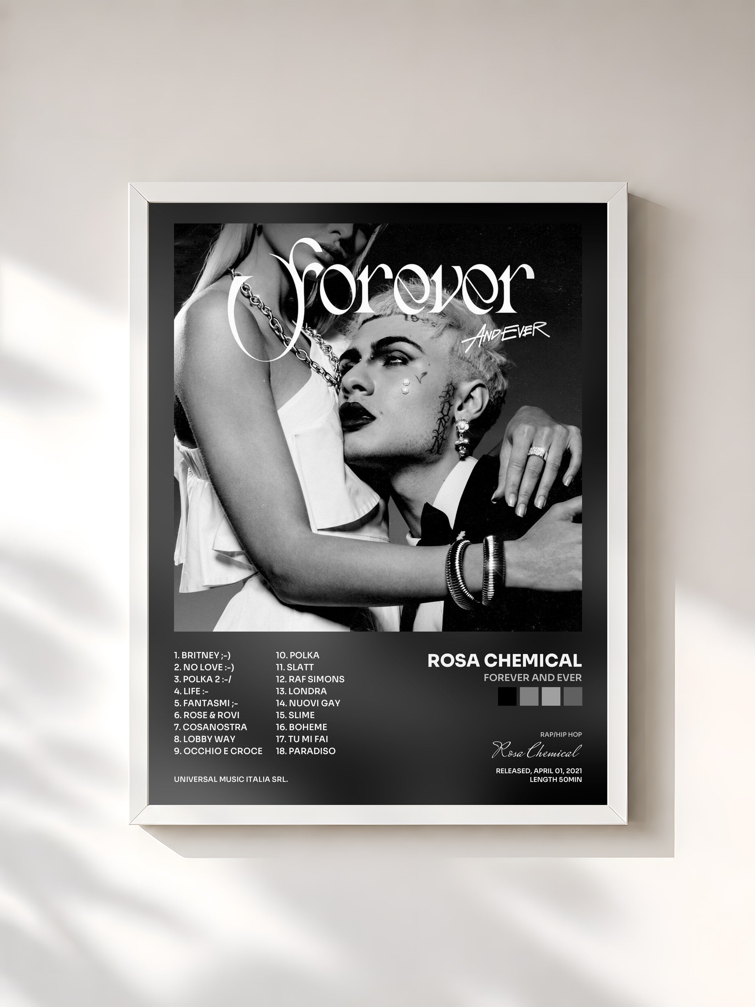 #blanc Tableau de l'album FOREVER AND EVER de Rosa Chemical, cadre blanc, imprimé et encadré en France