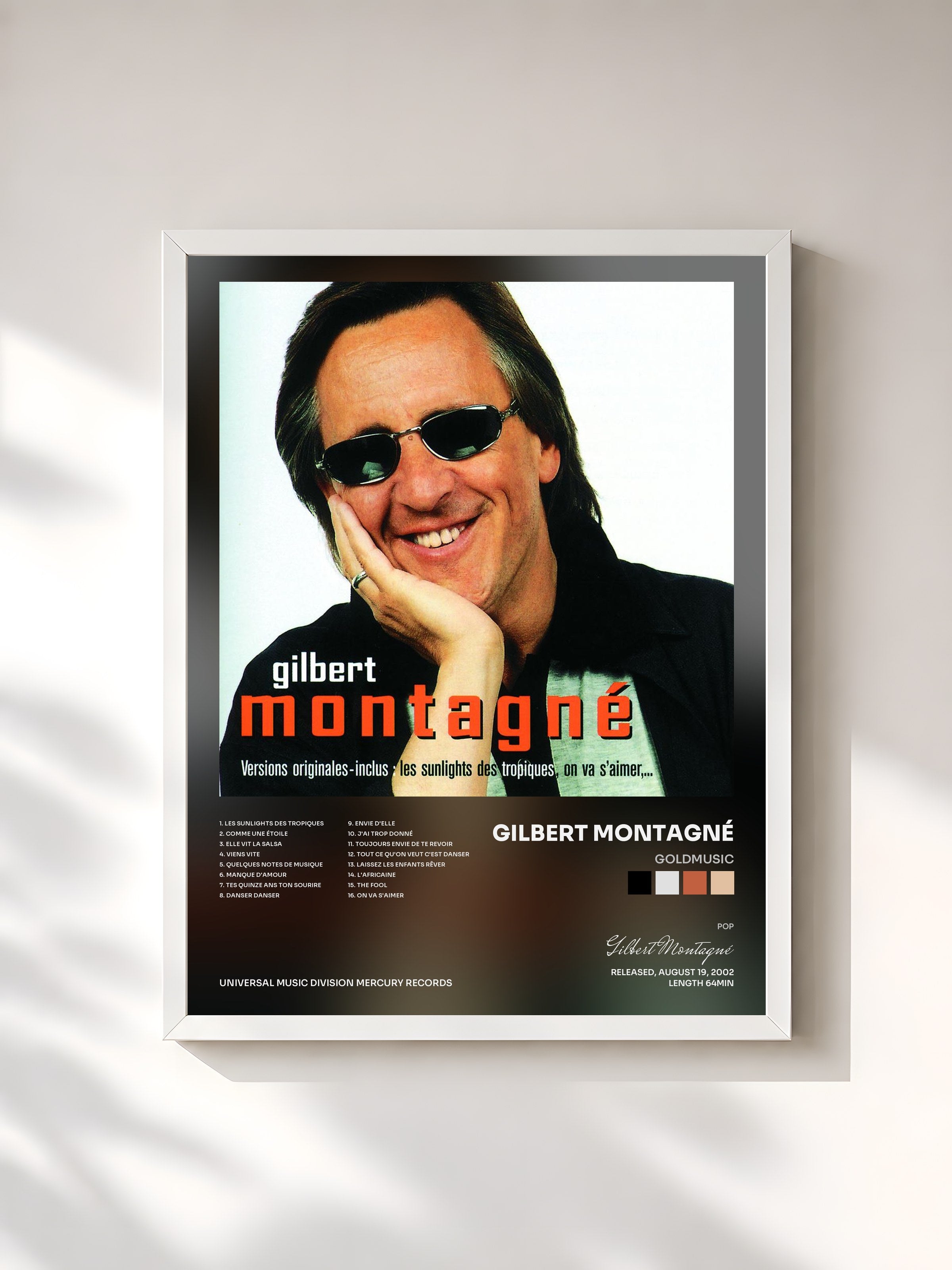 #blanc Tableau de l'album Goldmusic de Gilbert Montagné, cadre blanc, imprimé et encadré en France