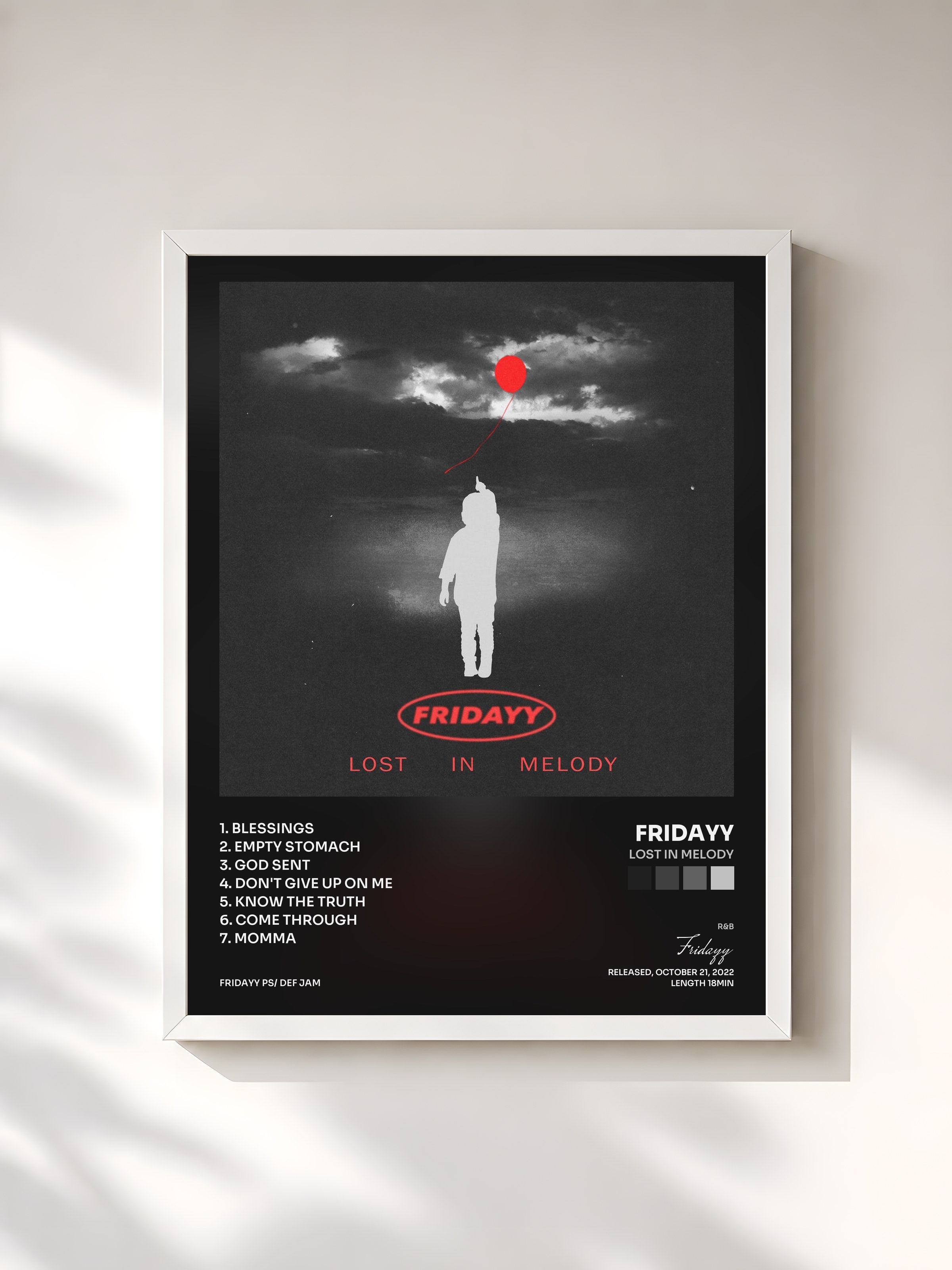 #blanc Tableau de l'album Lost In Melody de Fridayy, cadre blanc, imprimé et encadré en France