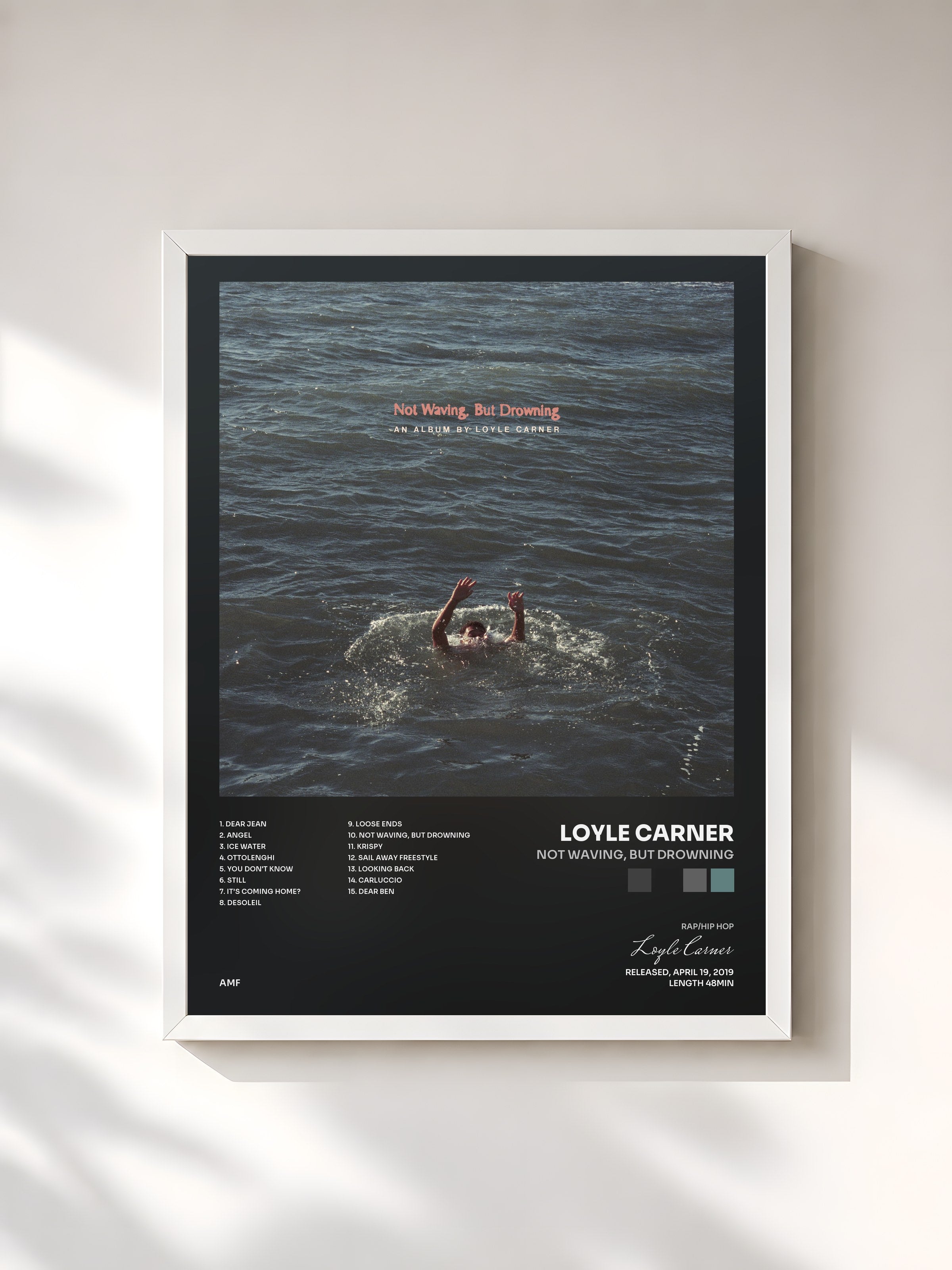 #blanc Tableau de l'album Not Waving, But Drowning de Loyle Carner, cadre blanc, imprimé et encadré en France