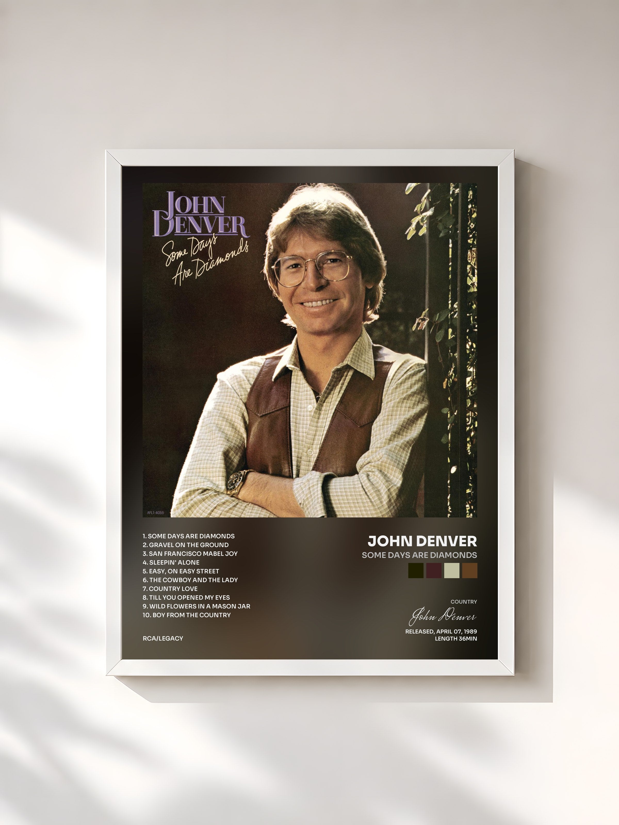 #blanc Tableau de l'album Some Days Are Diamonds de John Denver, cadre blanc, imprimé et encadré en France