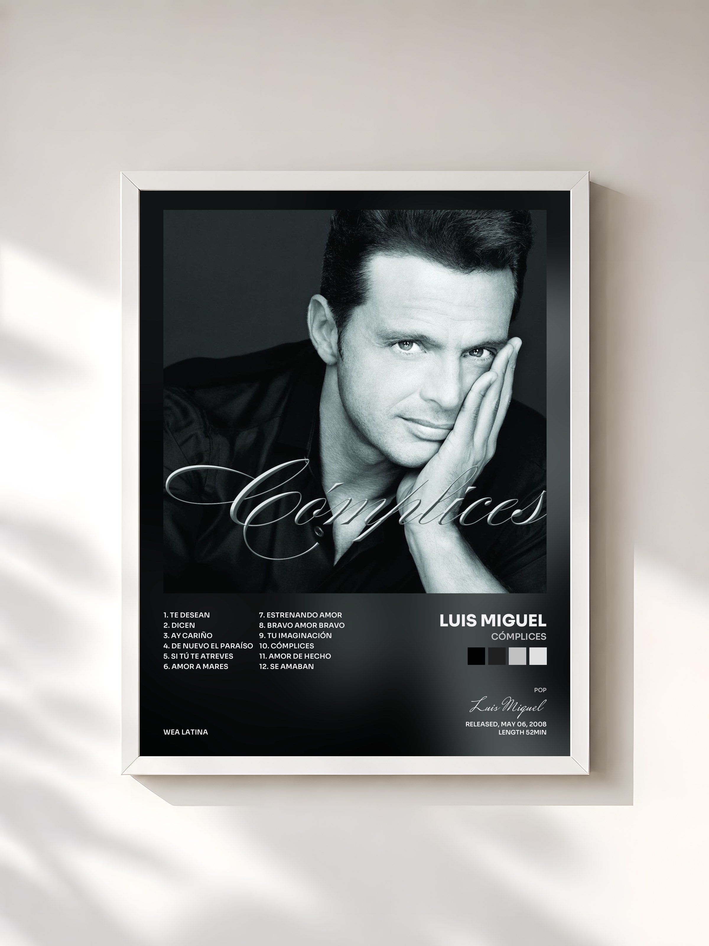 #blanc Tableau de l'album Cómplices de Luis Miguel, cadre blanc, imprimé et encadré en France