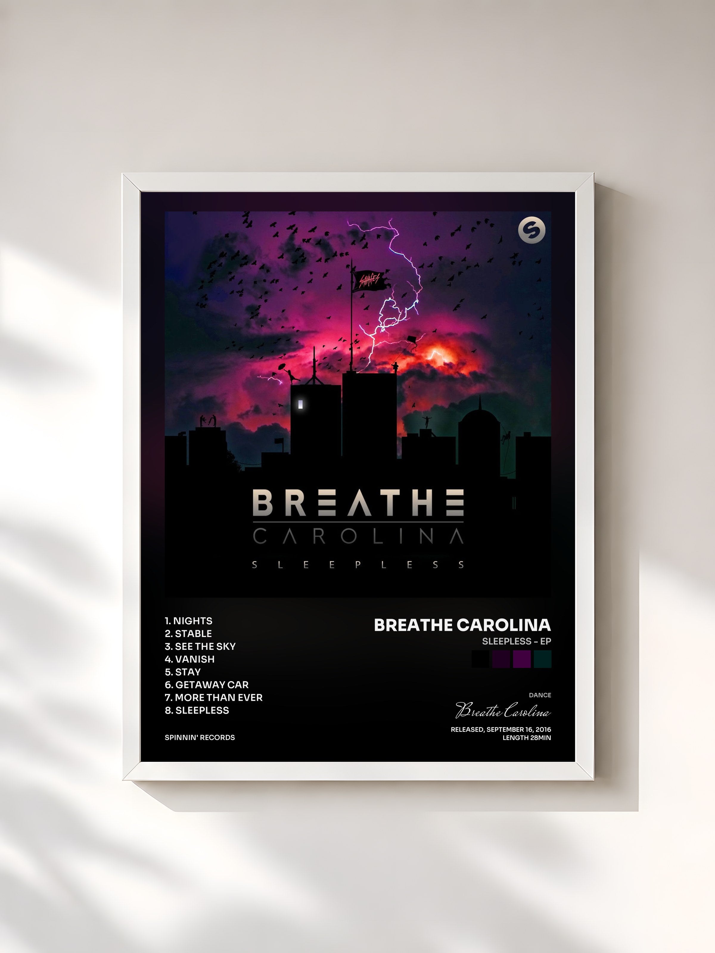 #blanc Tableau de l'album Sleepless - EP de Breathe Carolina, cadre blanc, imprimé et encadré en France