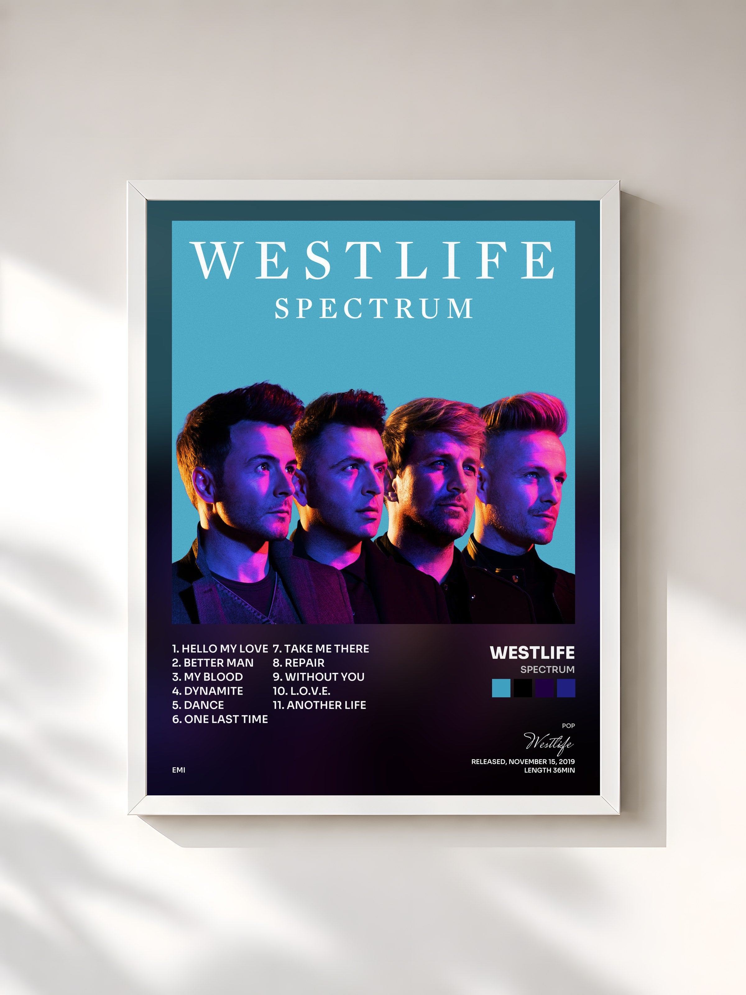 #blanc Tableau de l'album Spectrum de Westlife, cadre blanc, imprimé et encadré en France