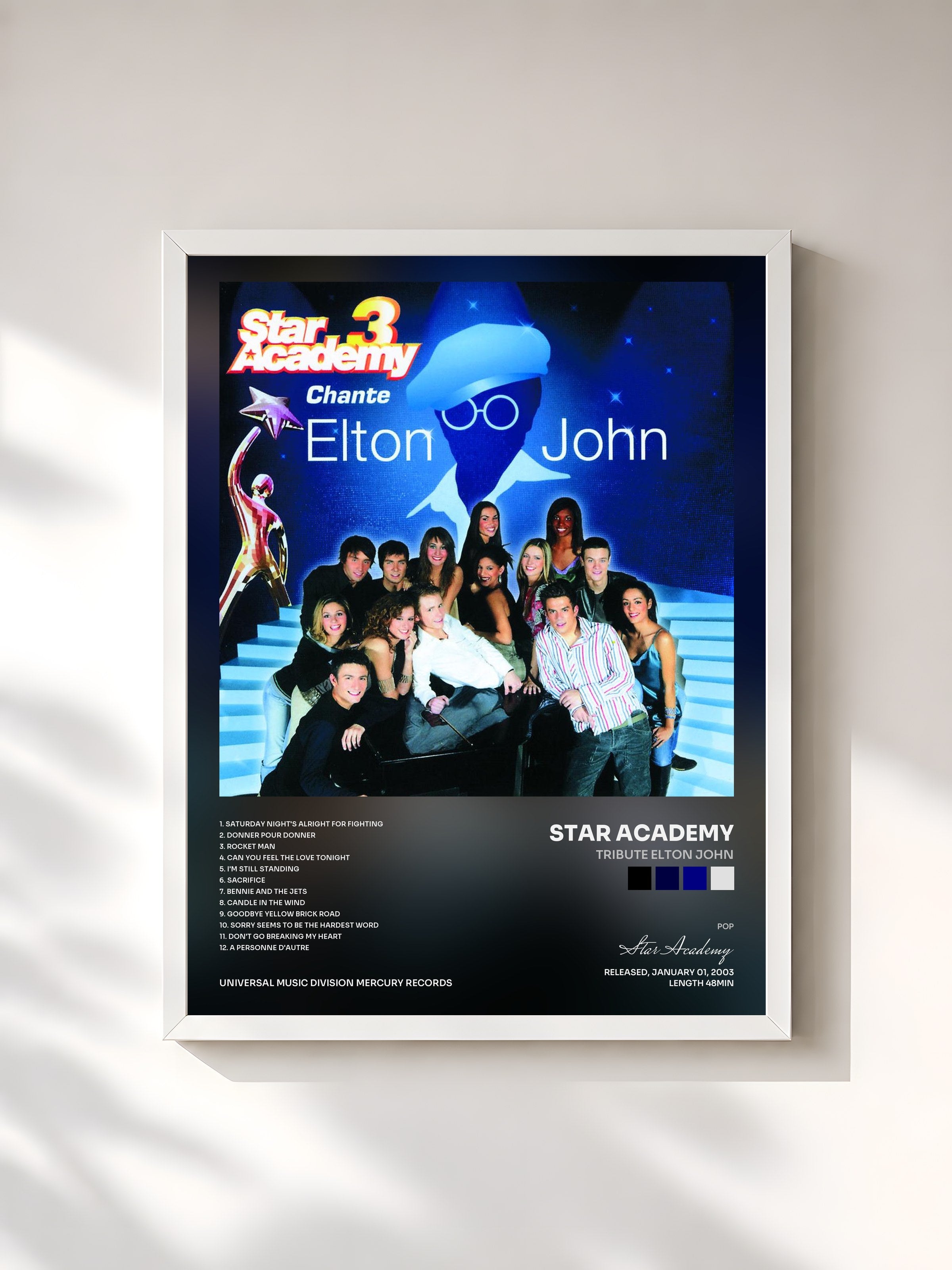 #blanc Tableau de l'album Tribute Elton John de Star Academy, cadre blanc, imprimé et encadré en France