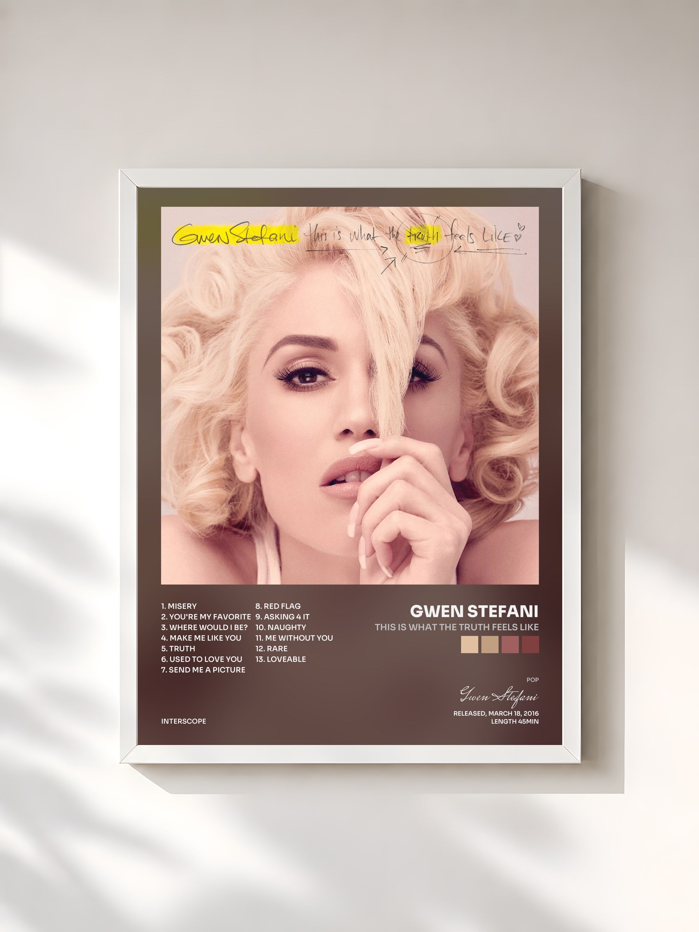 #blanc Tableau de l'album This Is What The Truth Feels Like de Gwen Stefani, cadre blanc, imprimé et encadré en France