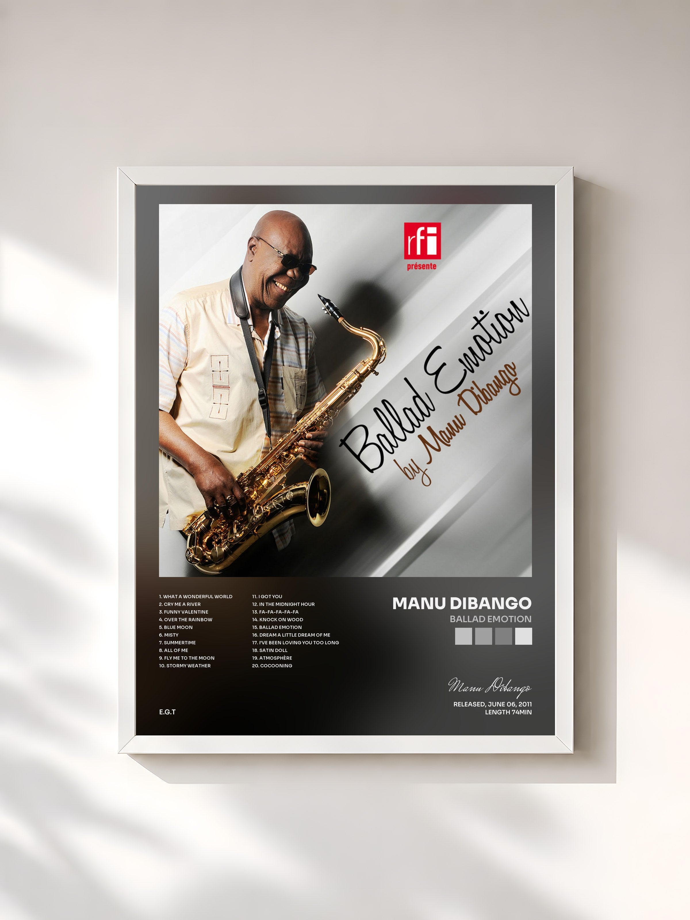 #blanc Tableau de l'album Ballad Emotion de Manu Dibango, cadre blanc, imprimé et encadré en France