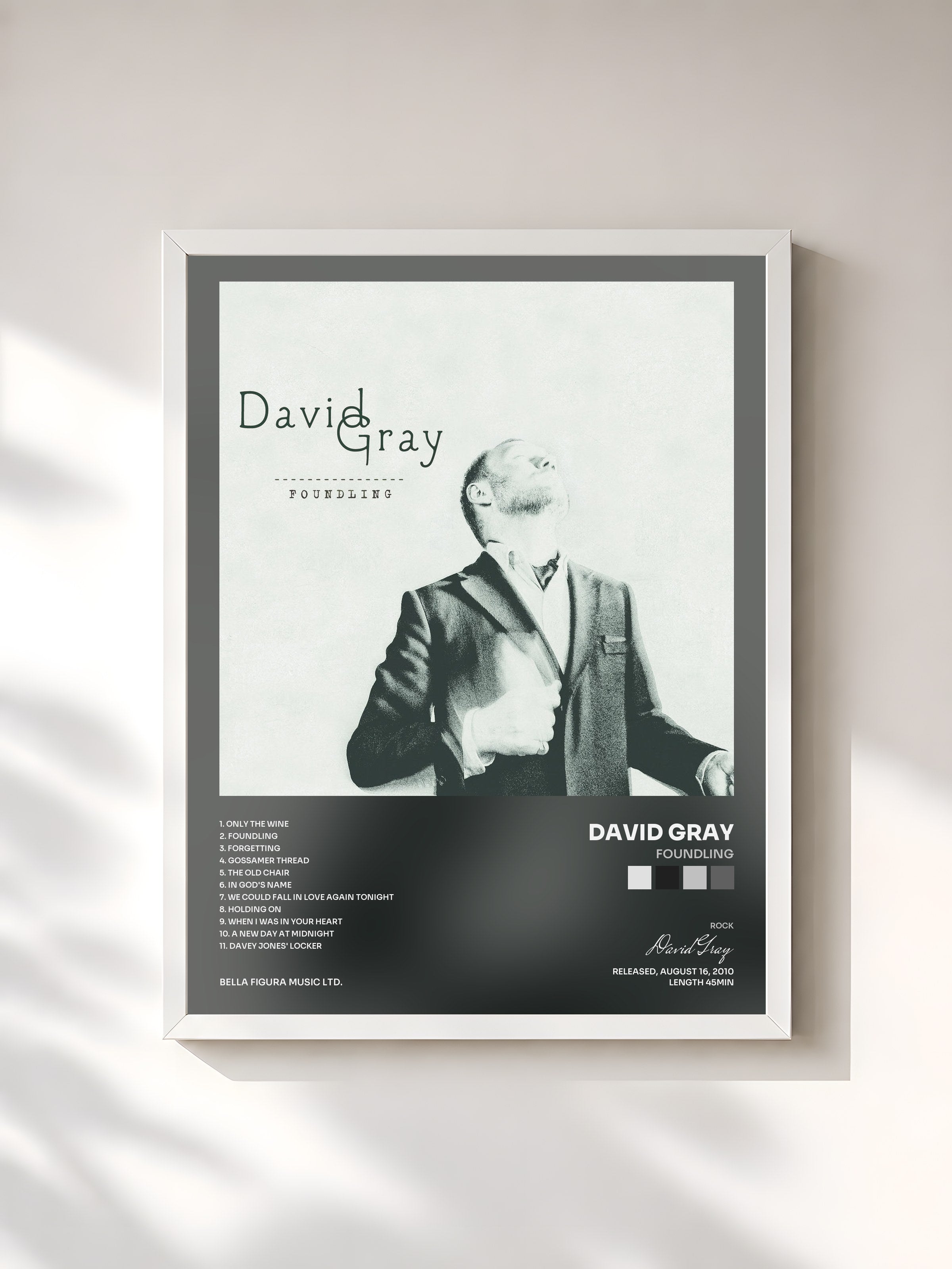 #blanc Tableau de l'album Foundling de David Gray, cadre blanc, imprimé et encadré en France
