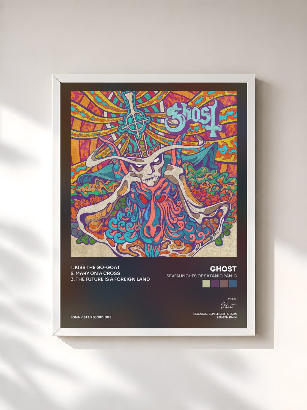 #blanc Tableau de l'album Seven Inches of Satanic Panic de Ghost, cadre blanc, imprimé et encadré en France