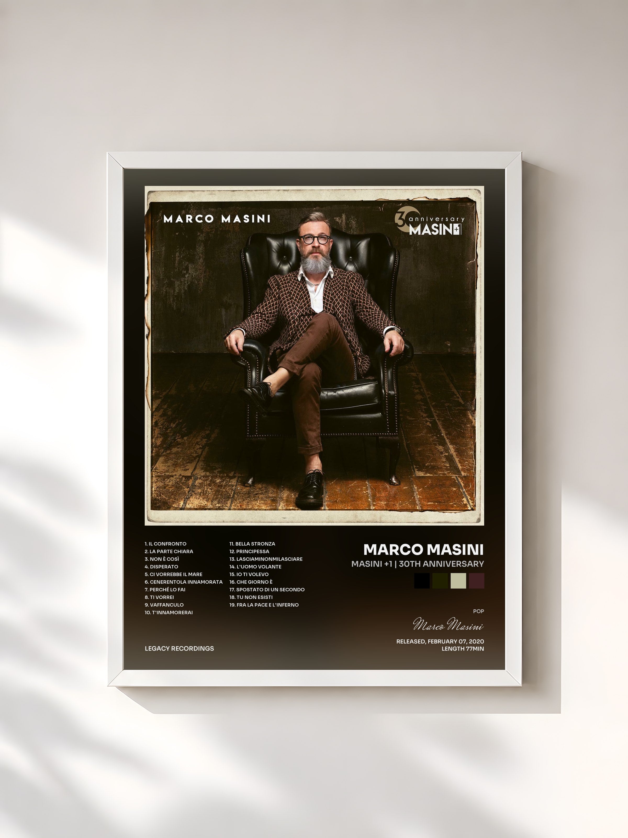 #blanc Tableau de l'album Masini +1 | 30th Anniversary de Marco Masini, cadre blanc, imprimé et encadré en France