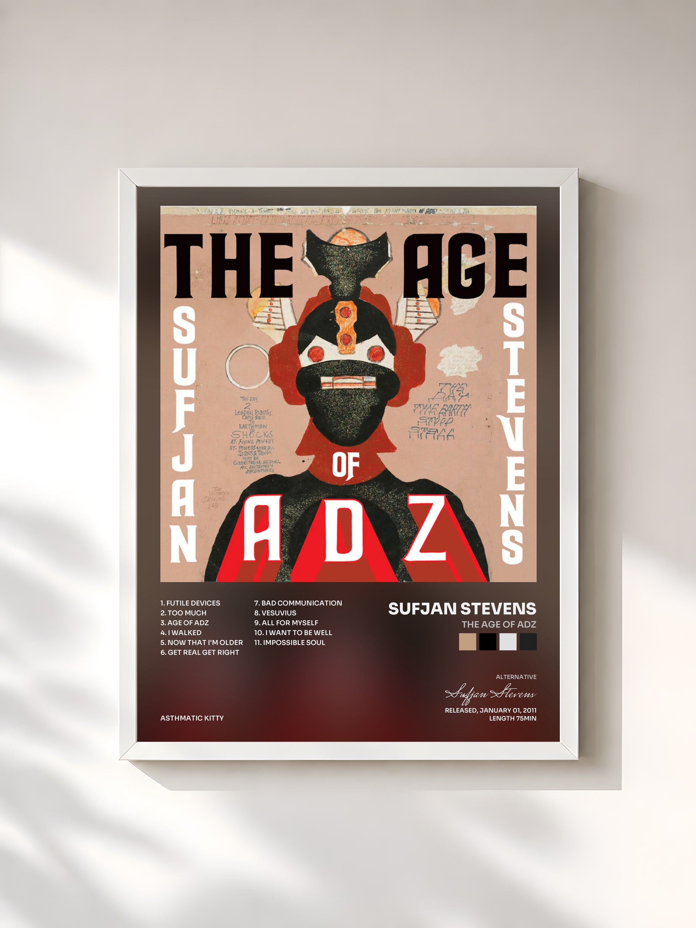 #blanc Tableau de l'album The Age of Adz de Sufjan Stevens, cadre blanc, imprimé et encadré en France