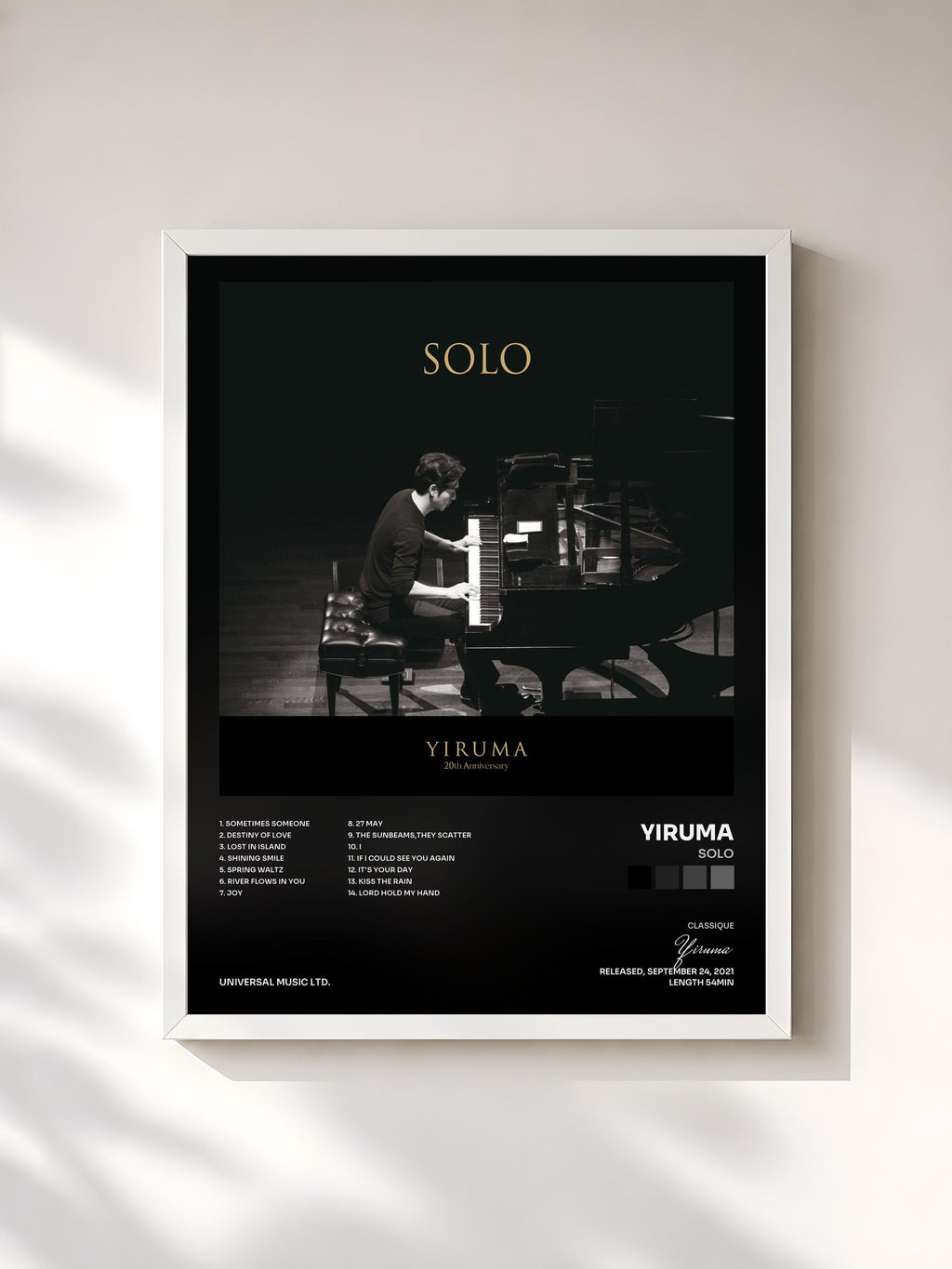 #blanc Tableau de l'album SOLO de Yiruma, cadre blanc, imprimé et encadré en France