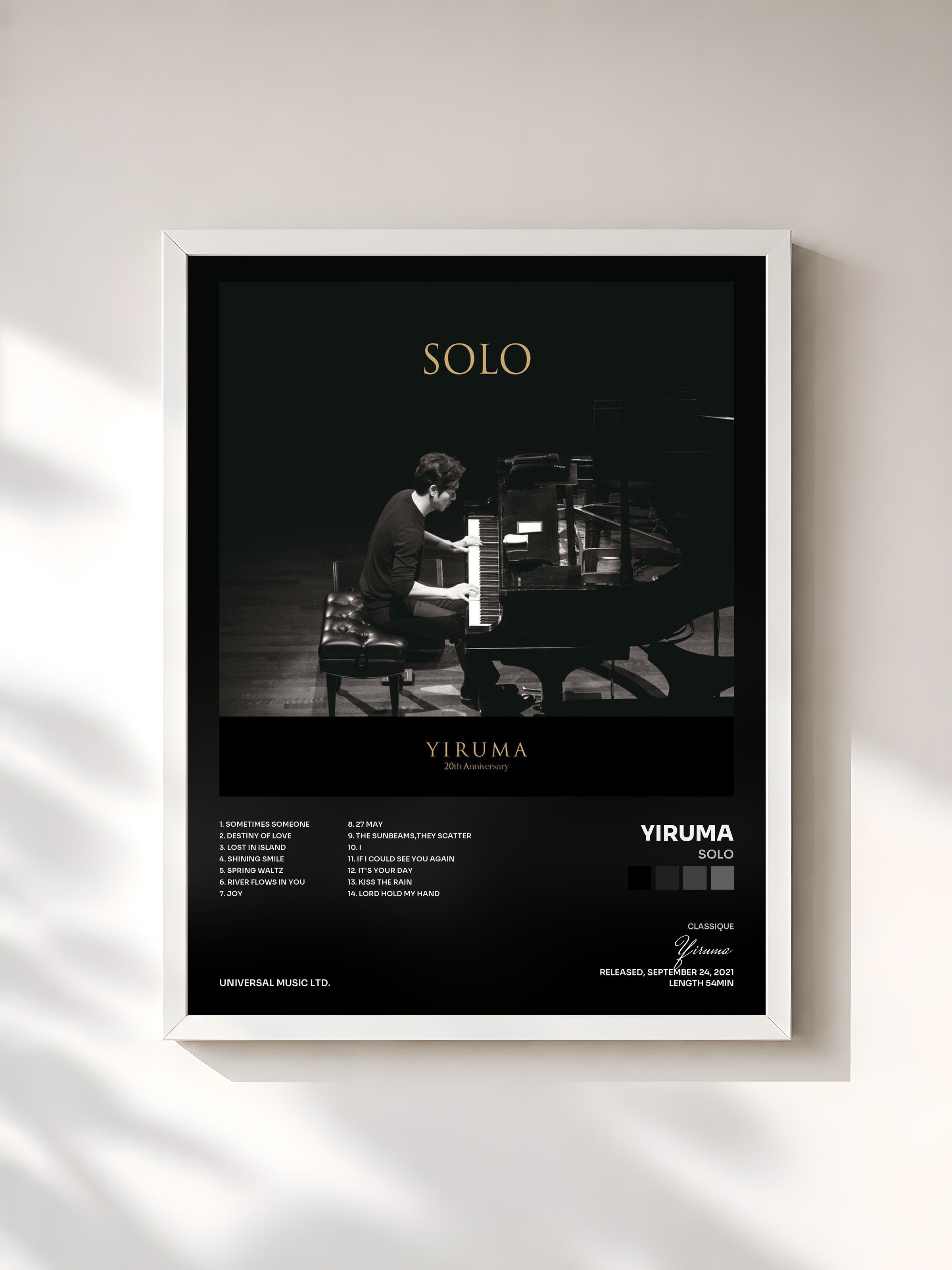 #blanc Tableau de l'album SOLO de Yiruma, cadre blanc, imprimé et encadré en France