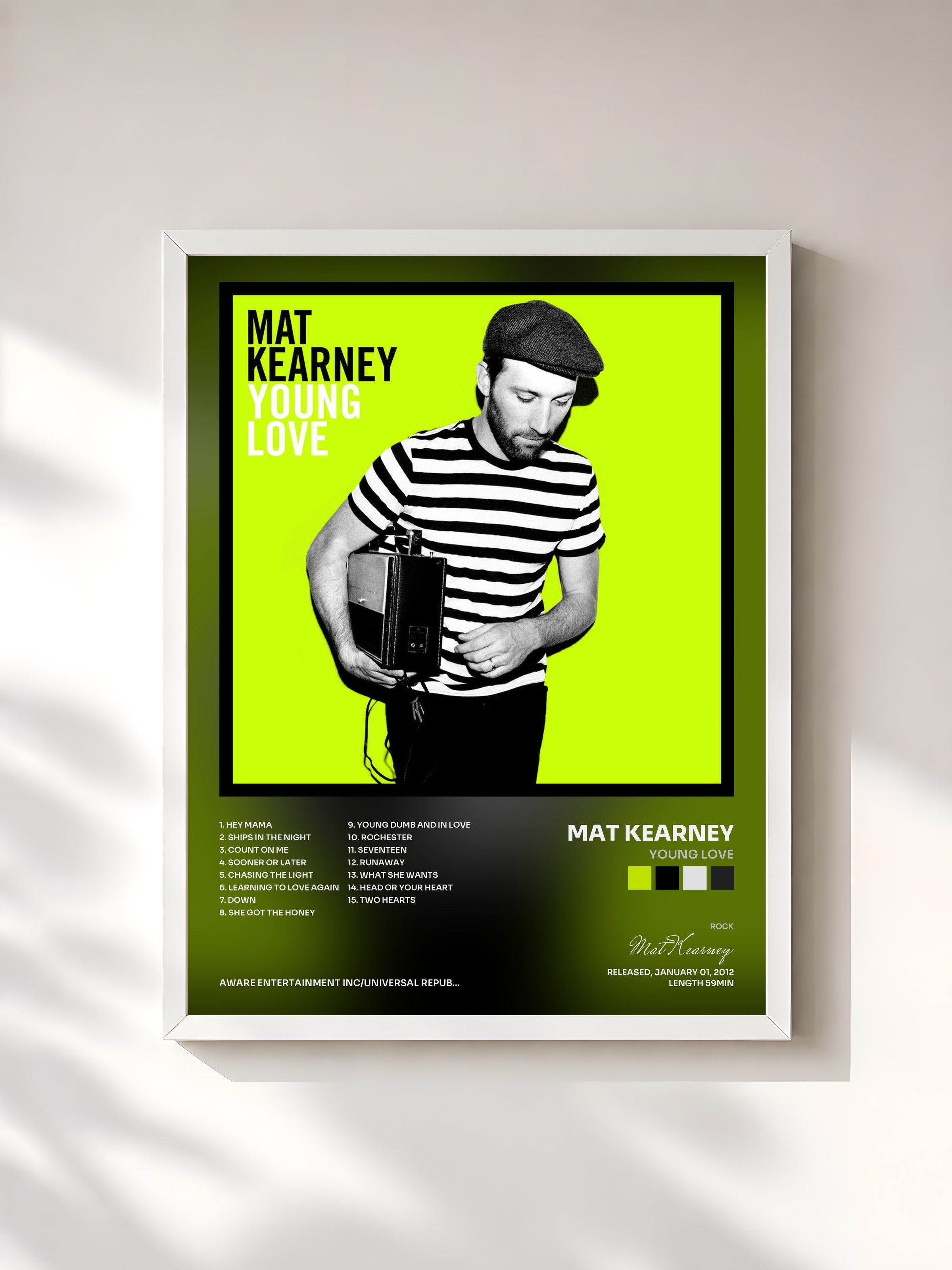 #blanc Tableau de l'album Young Love de Mat Kearney, cadre blanc, imprimé et encadré en France