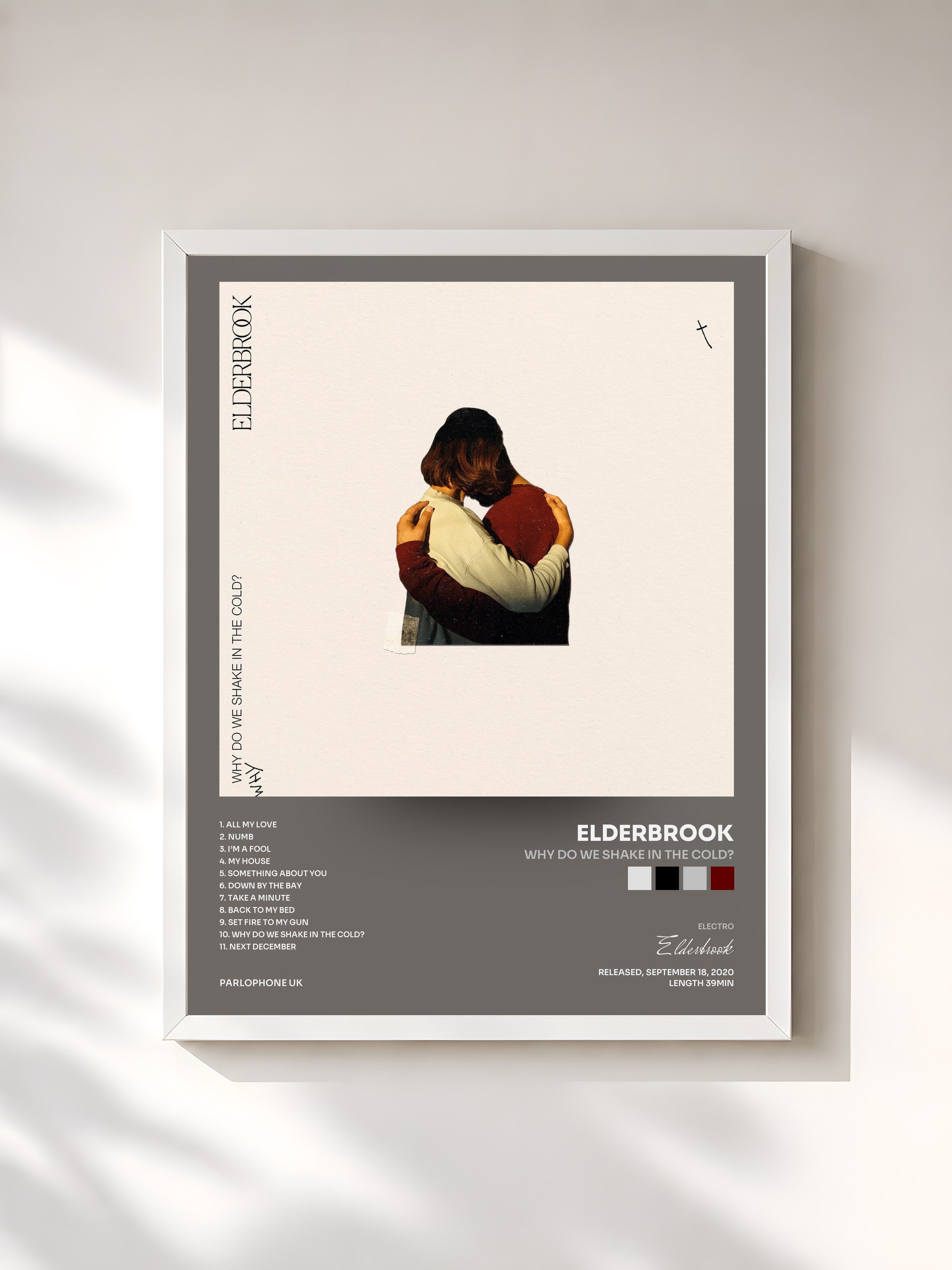 #blanc Tableau de l'album Why Do We Shake In The Cold? de Elderbrook, cadre blanc, imprimé et encadré en France