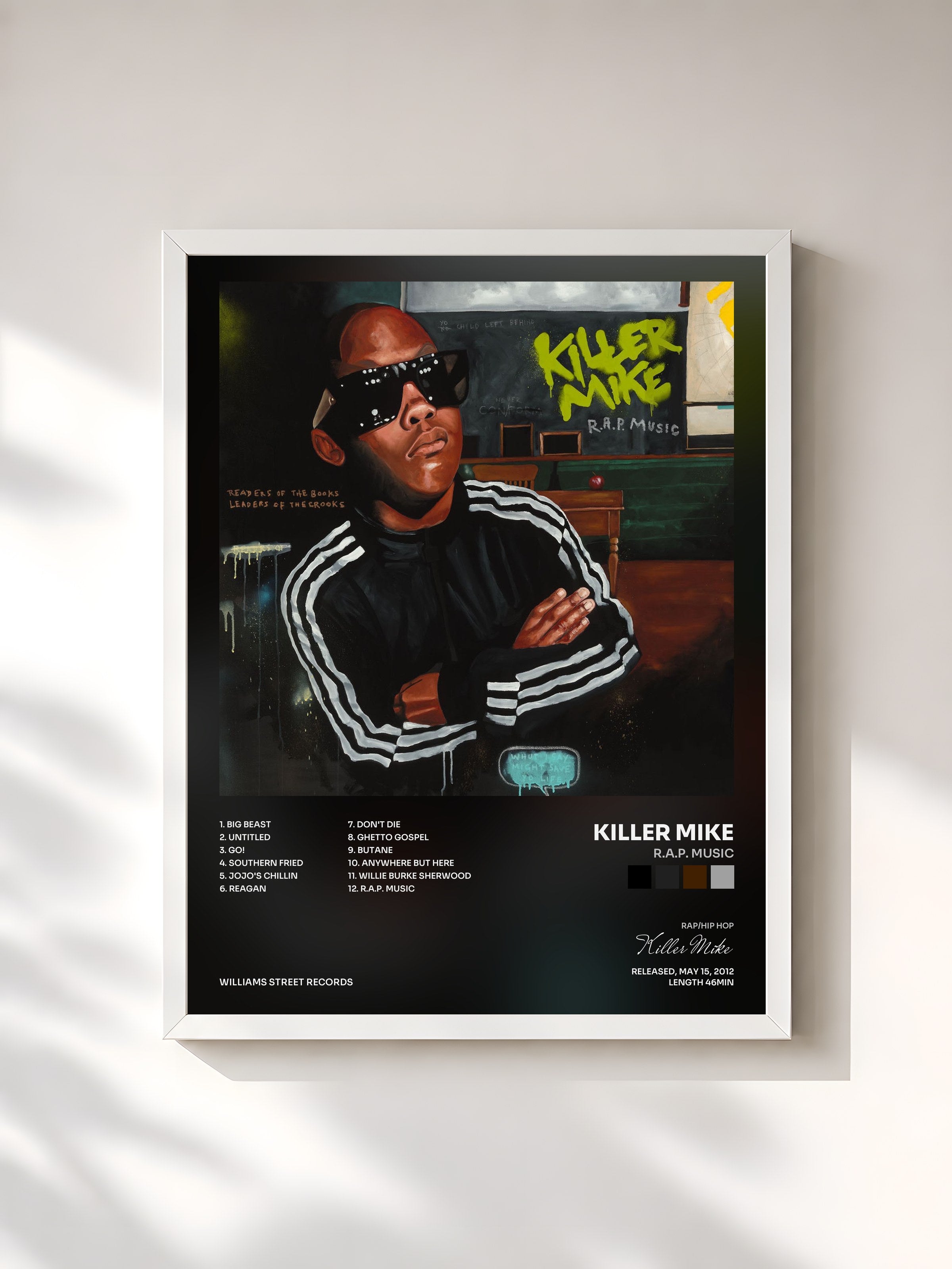 #blanc Tableau de l'album R.A.P. Music de Killer Mike, cadre blanc, imprimé et encadré en France