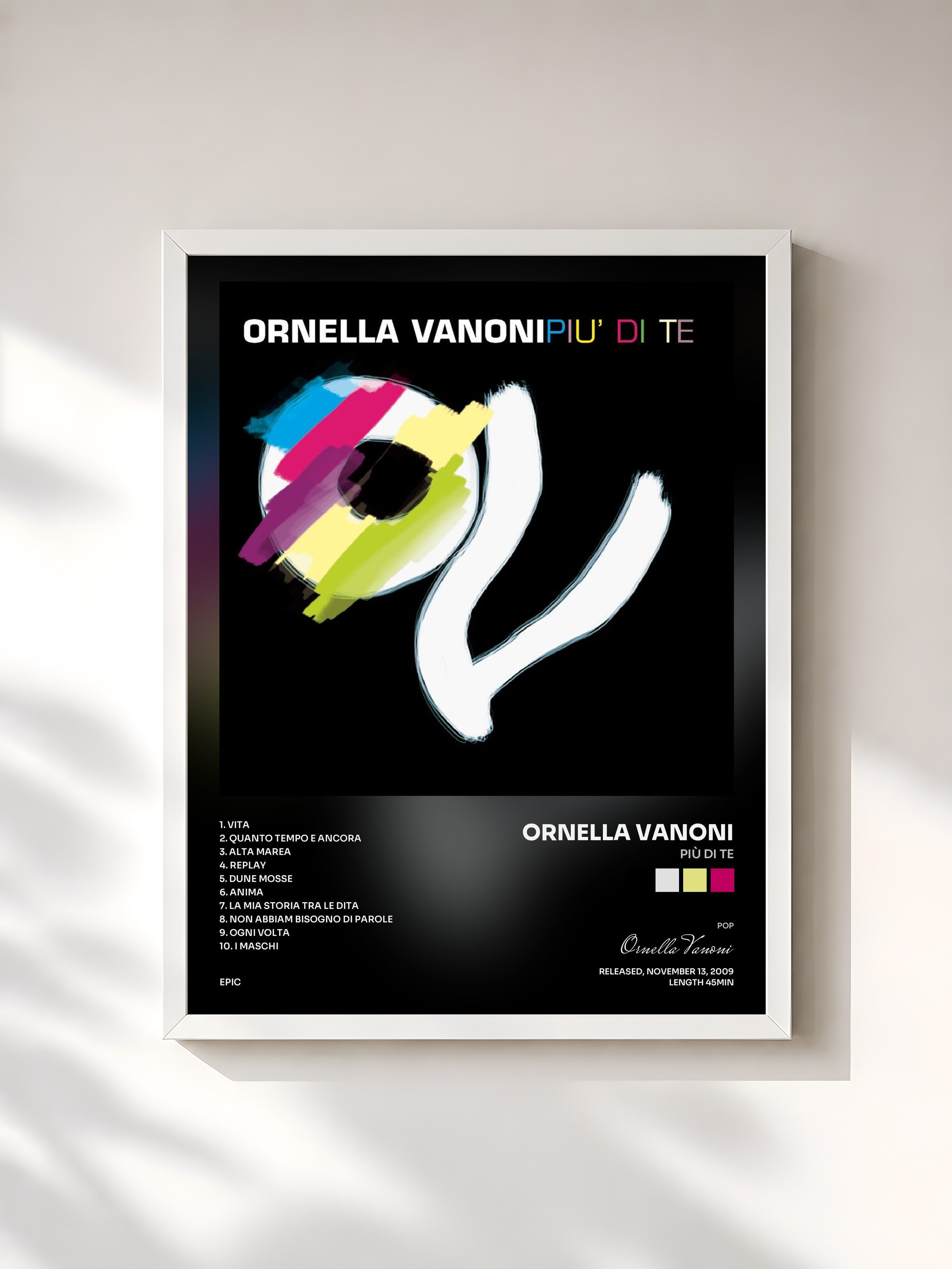 #blanc Tableau de l'album Più Di Te de Ornella Vanoni, cadre blanc, imprimé et encadré en France