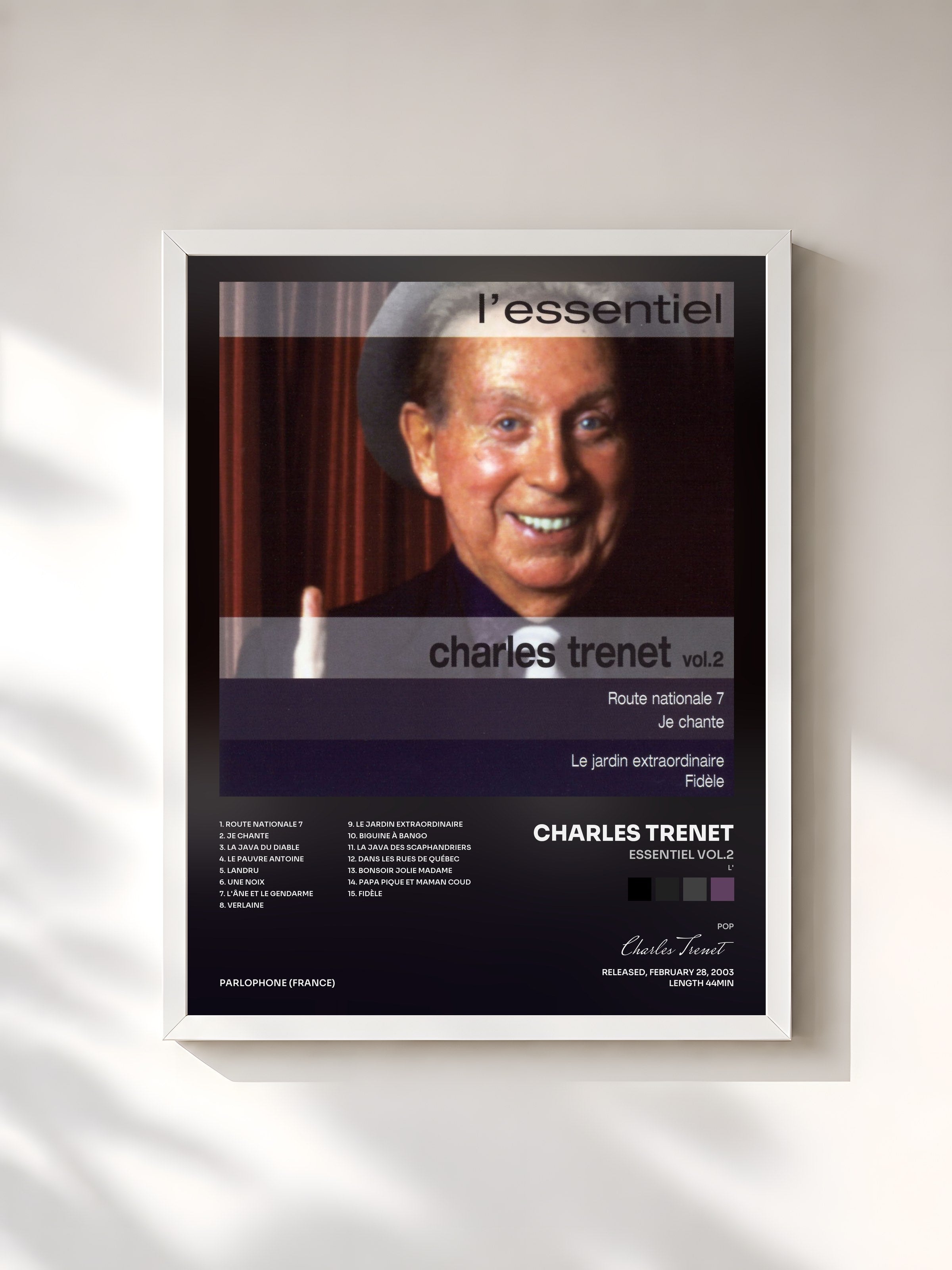 #blanc Tableau de l'album Essentiel Vol.2 (L') de Charles Trenet, cadre blanc, imprimé et encadré en France