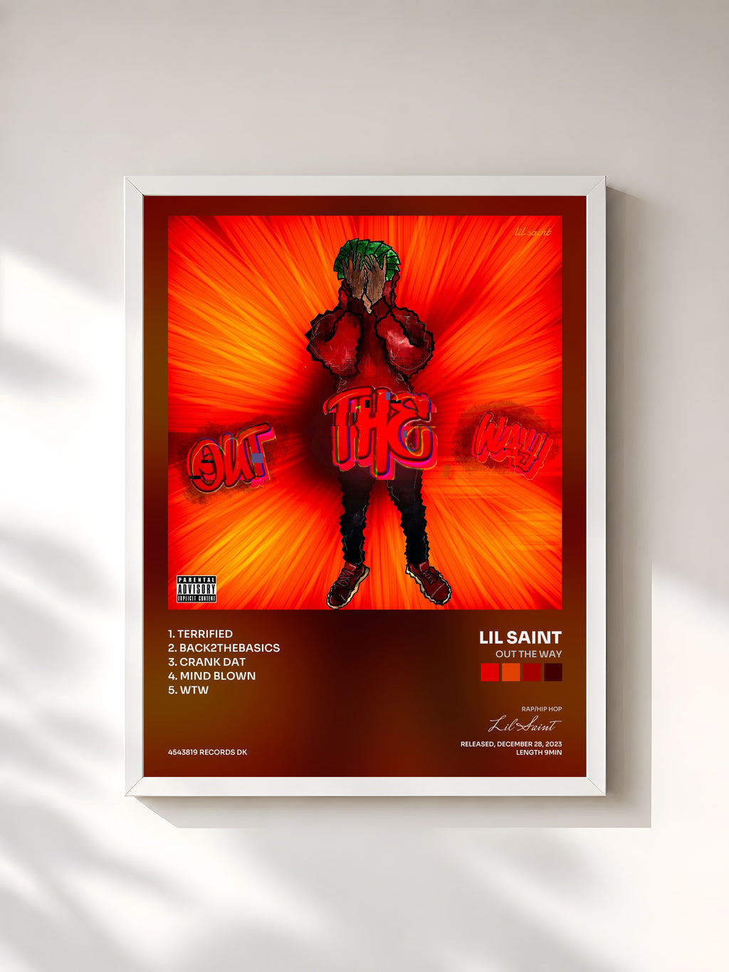 #blanc Tableau de l'album Out The Way de Lil Saint, cadre blanc, imprimé et encadré en France
