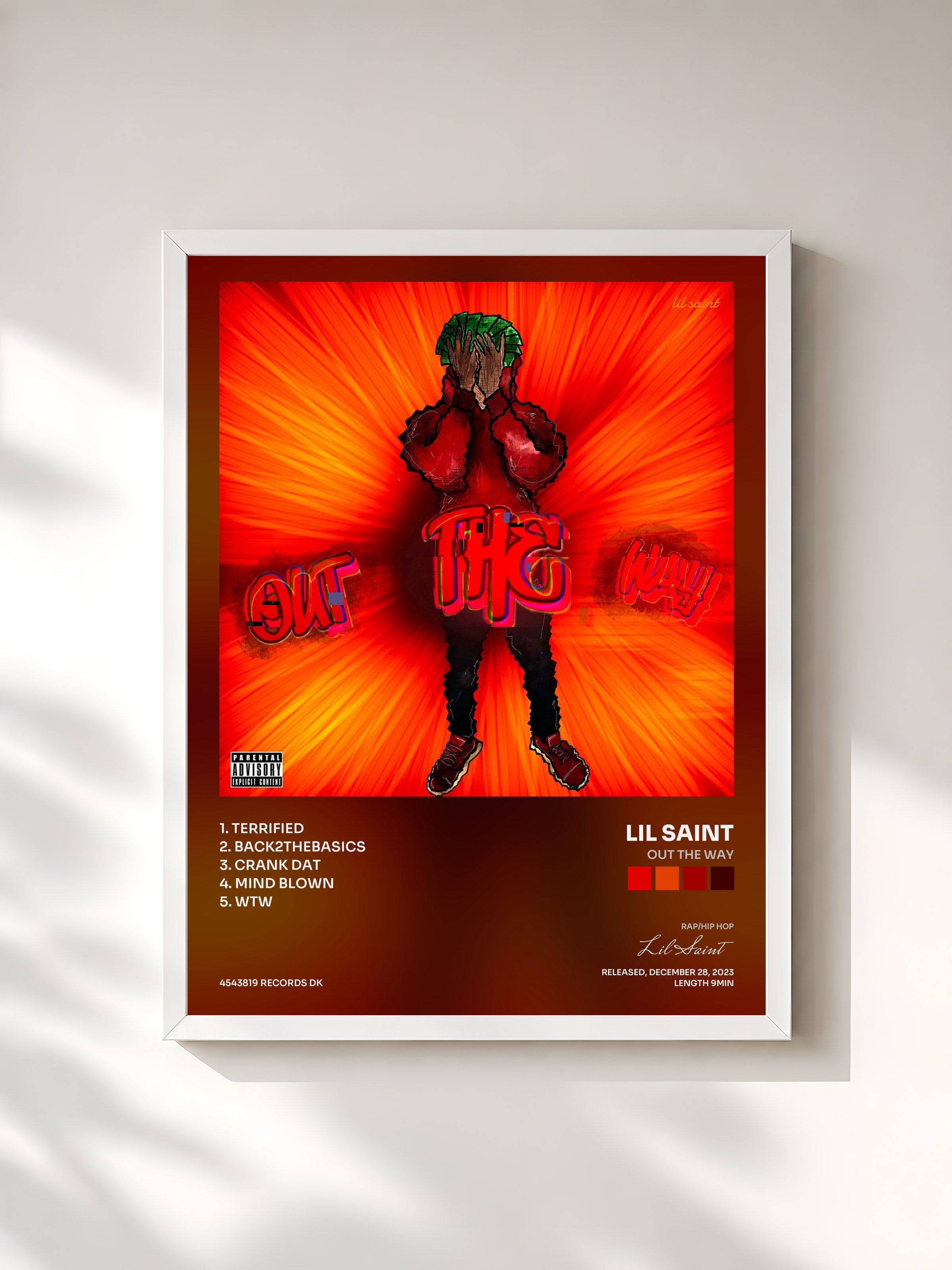 #blanc Tableau de l'album Out The Way de Lil Saint, cadre blanc, imprimé et encadré en France