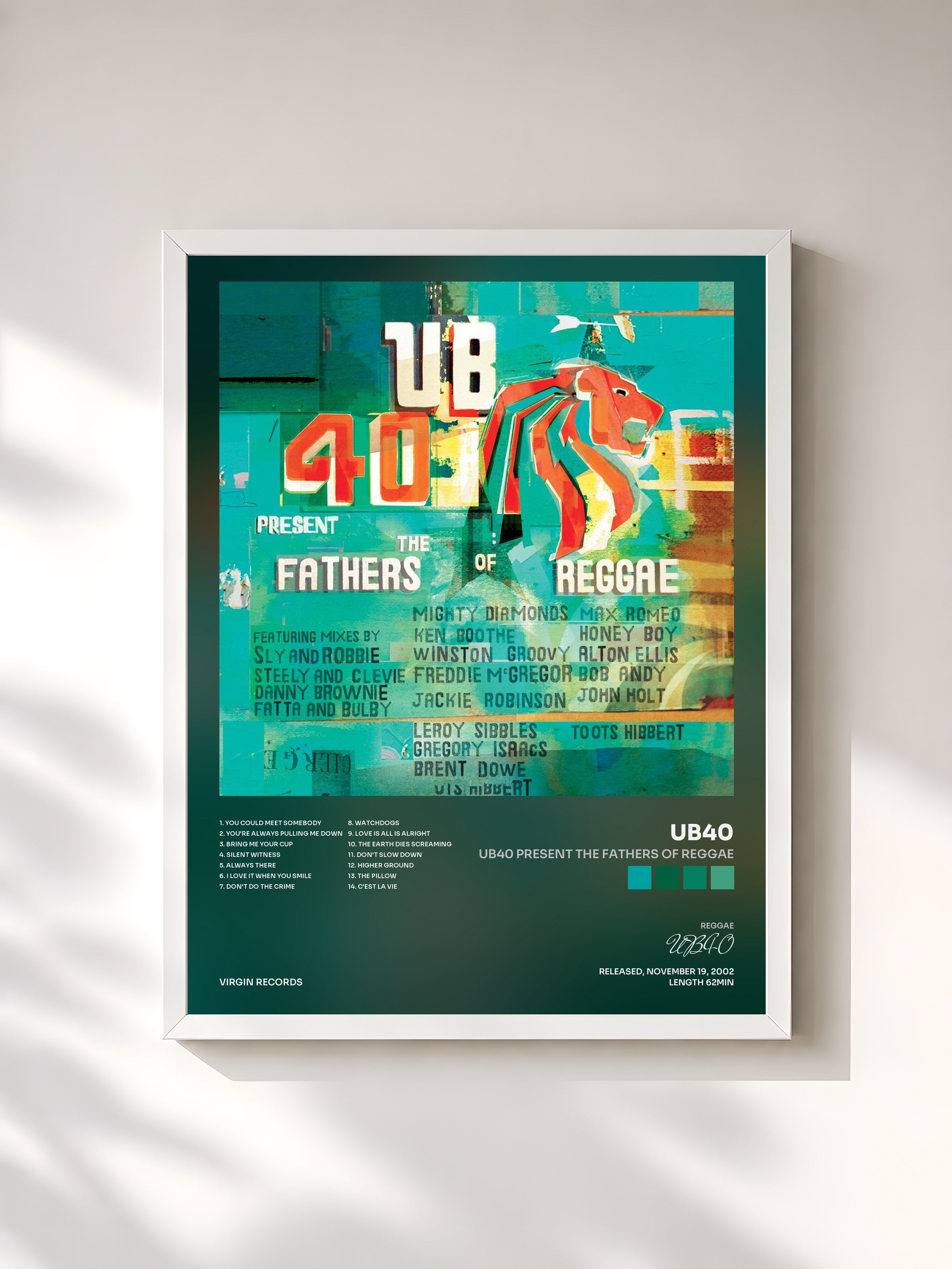 #blanc Tableau de l'album UB40 Present The Fathers Of Reggae de UB40, cadre blanc, imprimé et encadré en France