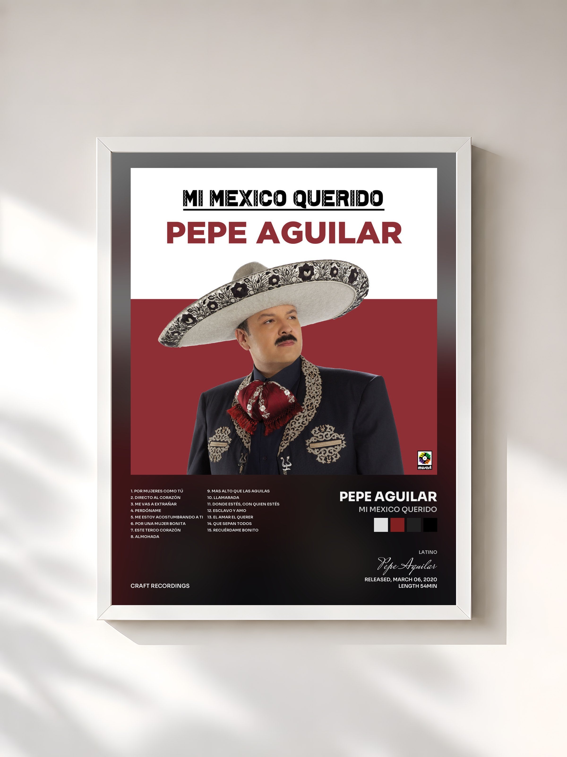 #blanc Tableau de l'album Mi Mexico Querido de Pepe Aguilar, cadre blanc, imprimé et encadré en France