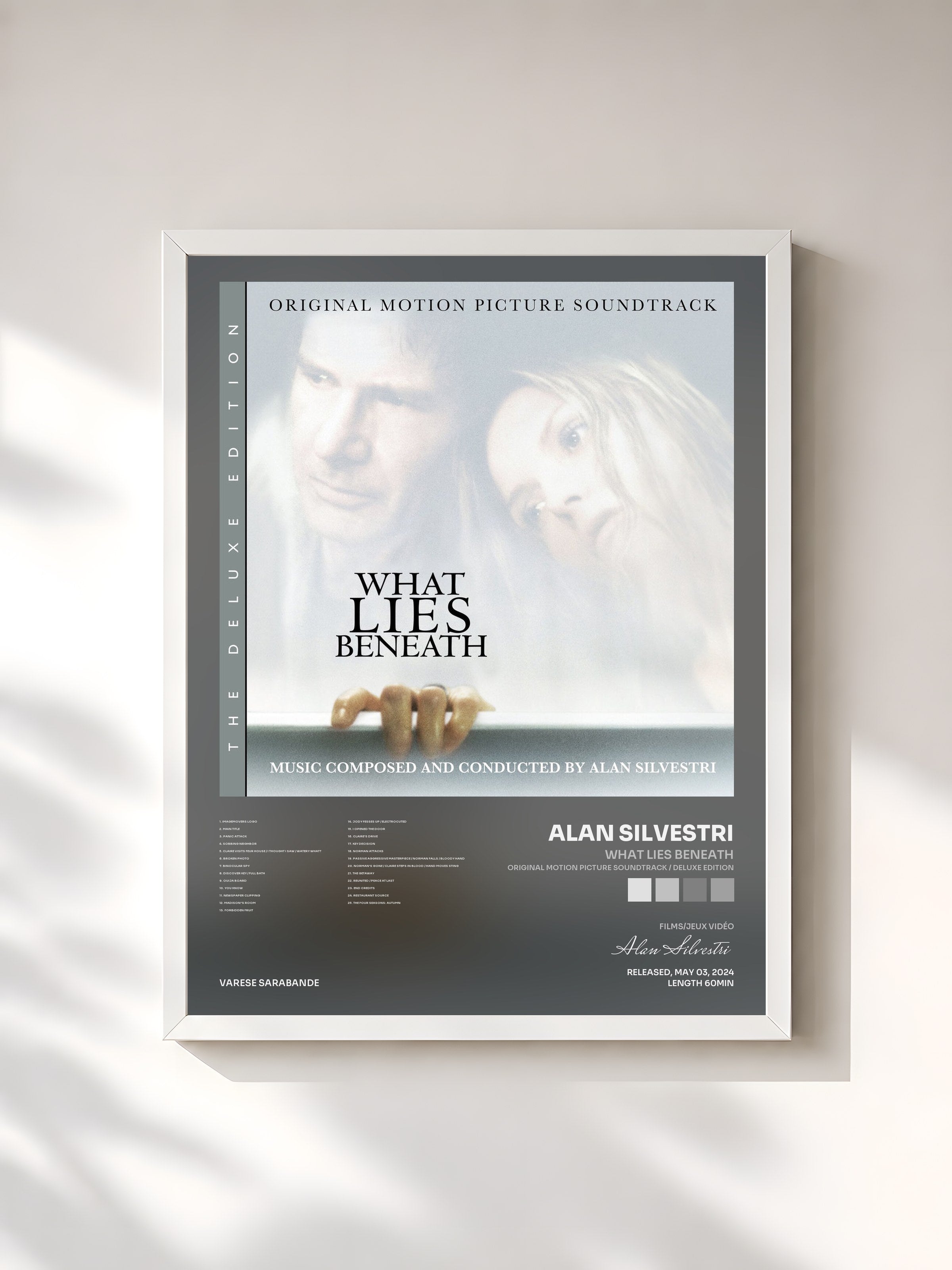 #blanc Tableau de l'album What Lies Beneath (Original Motion Picture Soundtrack / Deluxe Edition) de Alan Silvestri, cadre blanc, imprimé et encadré en France