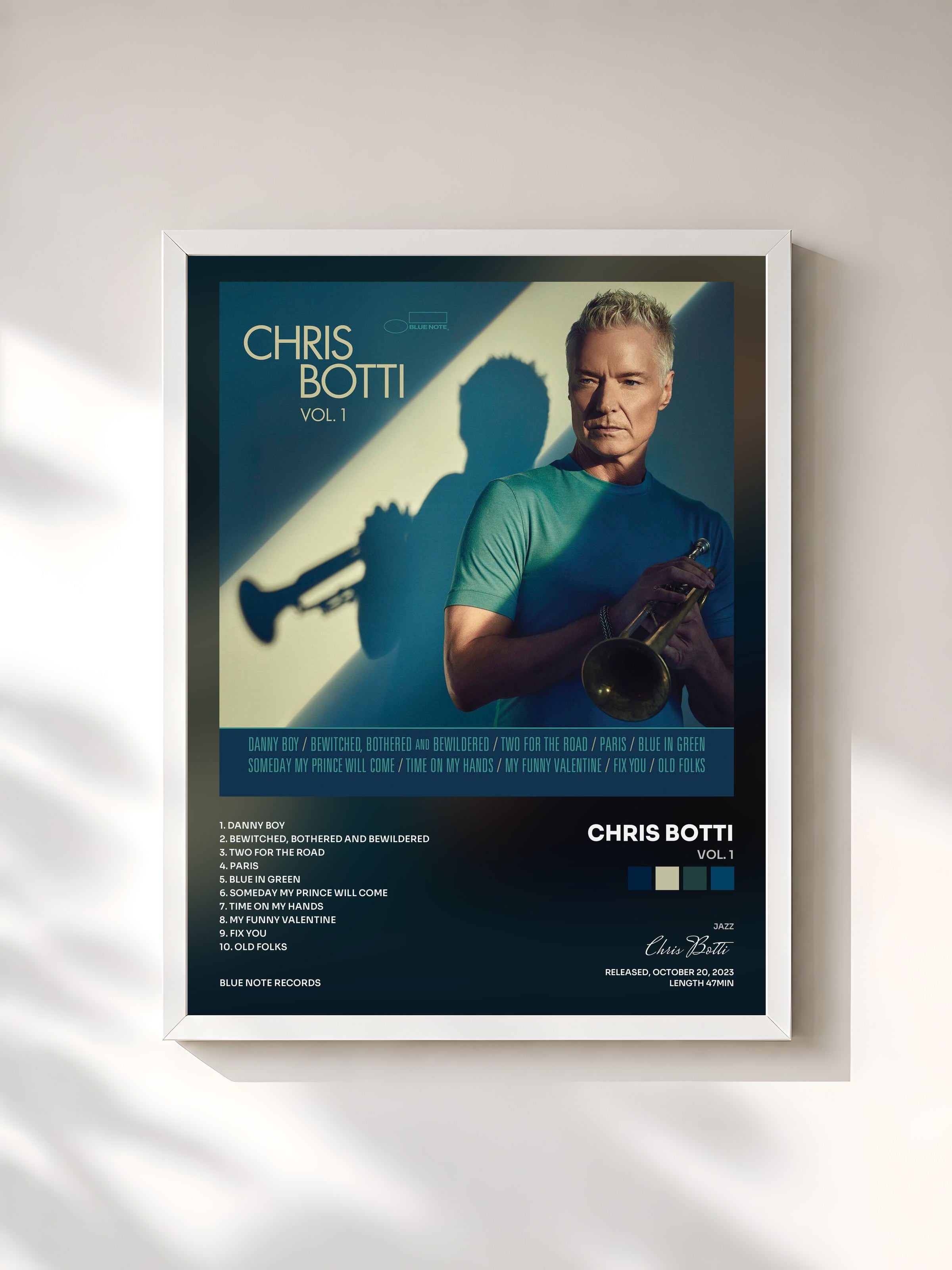 #blanc Tableau de l'album Vol. 1 de Chris Botti, cadre blanc, imprimé et encadré en France