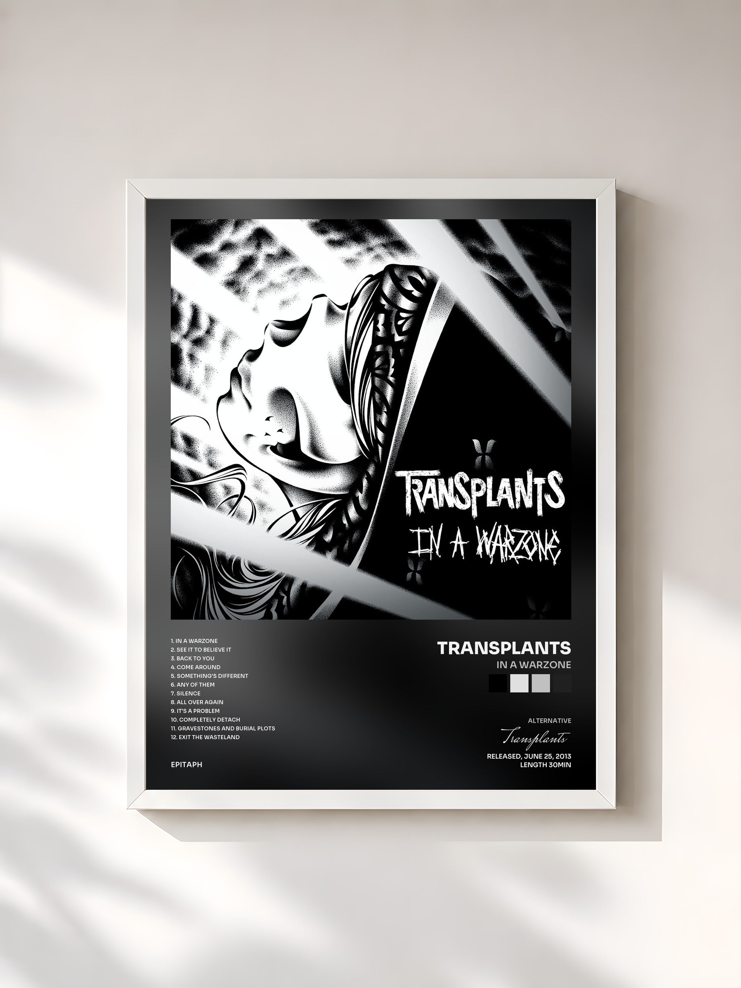 #blanc Tableau de l'album In A Warzone de Transplants, cadre blanc, imprimé et encadré en France