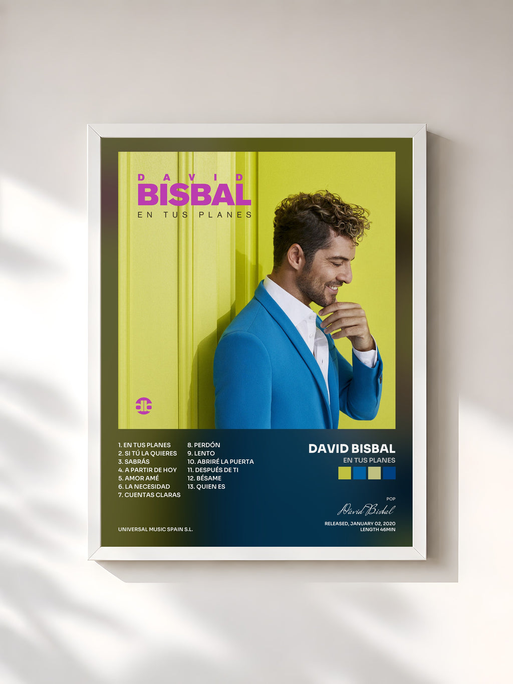 #blanc Tableau de l'album En Tus Planes de David Bisbal, cadre blanc, imprimé et encadré en France