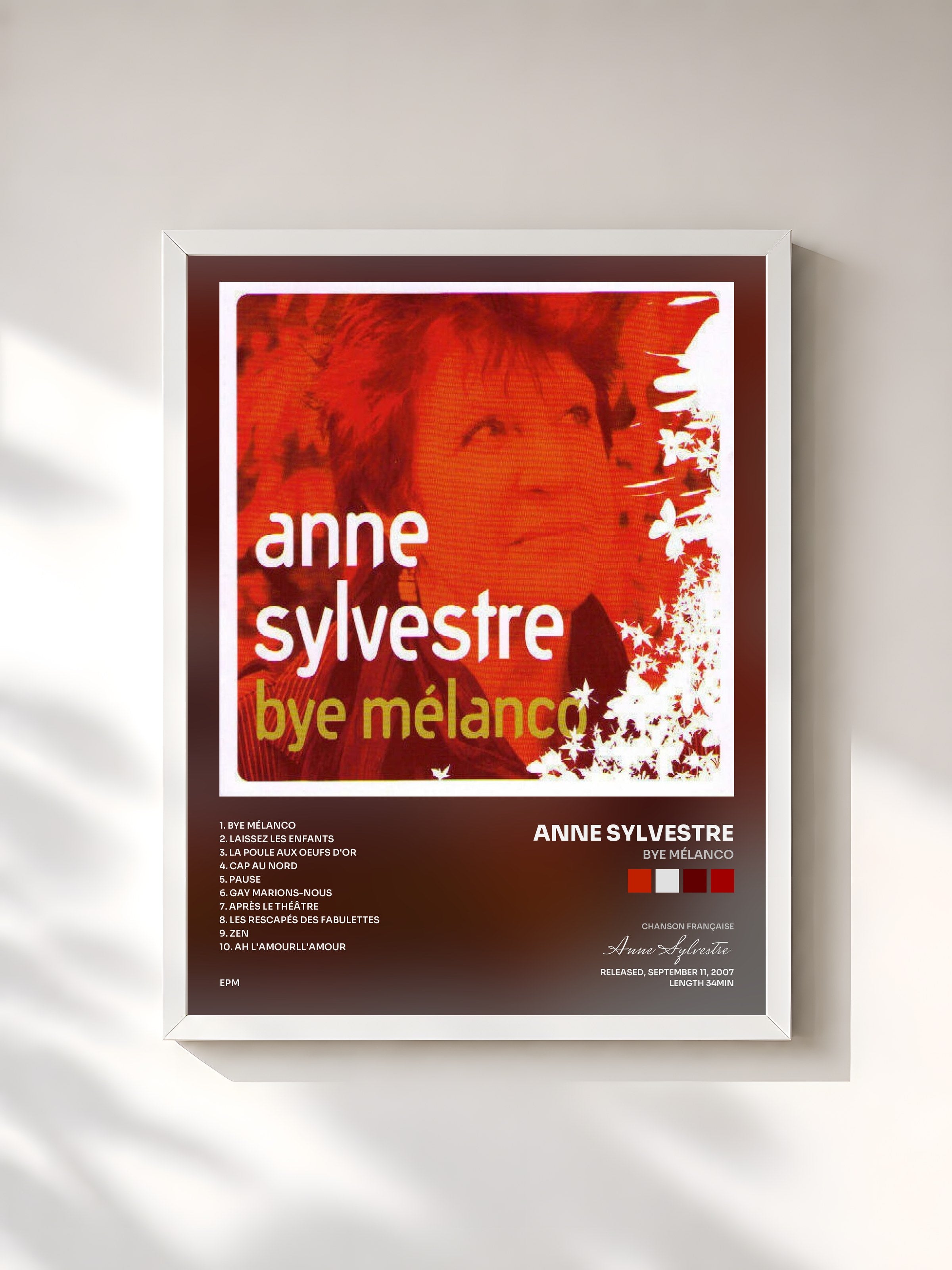 #blanc Tableau de l'album Bye mélanco de Anne Sylvestre, cadre blanc, imprimé et encadré en France