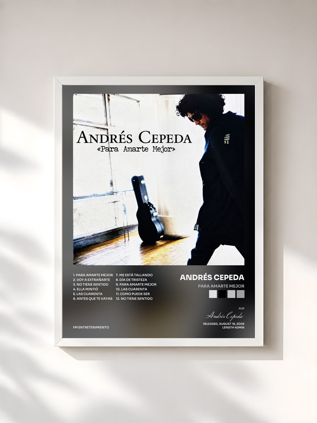 #blanc Tableau de l'album Para Amarte Mejor de Andrés Cepeda, cadre blanc, imprimé et encadré en France