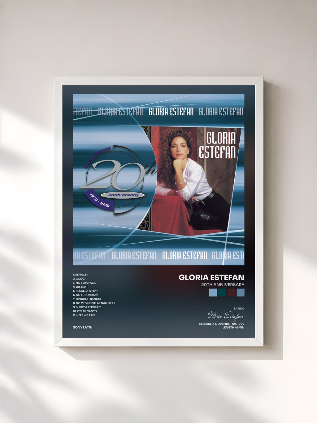 #blanc Tableau de l'album 20th Anniversary de Gloria Estefan, cadre blanc, imprimé et encadré en France
