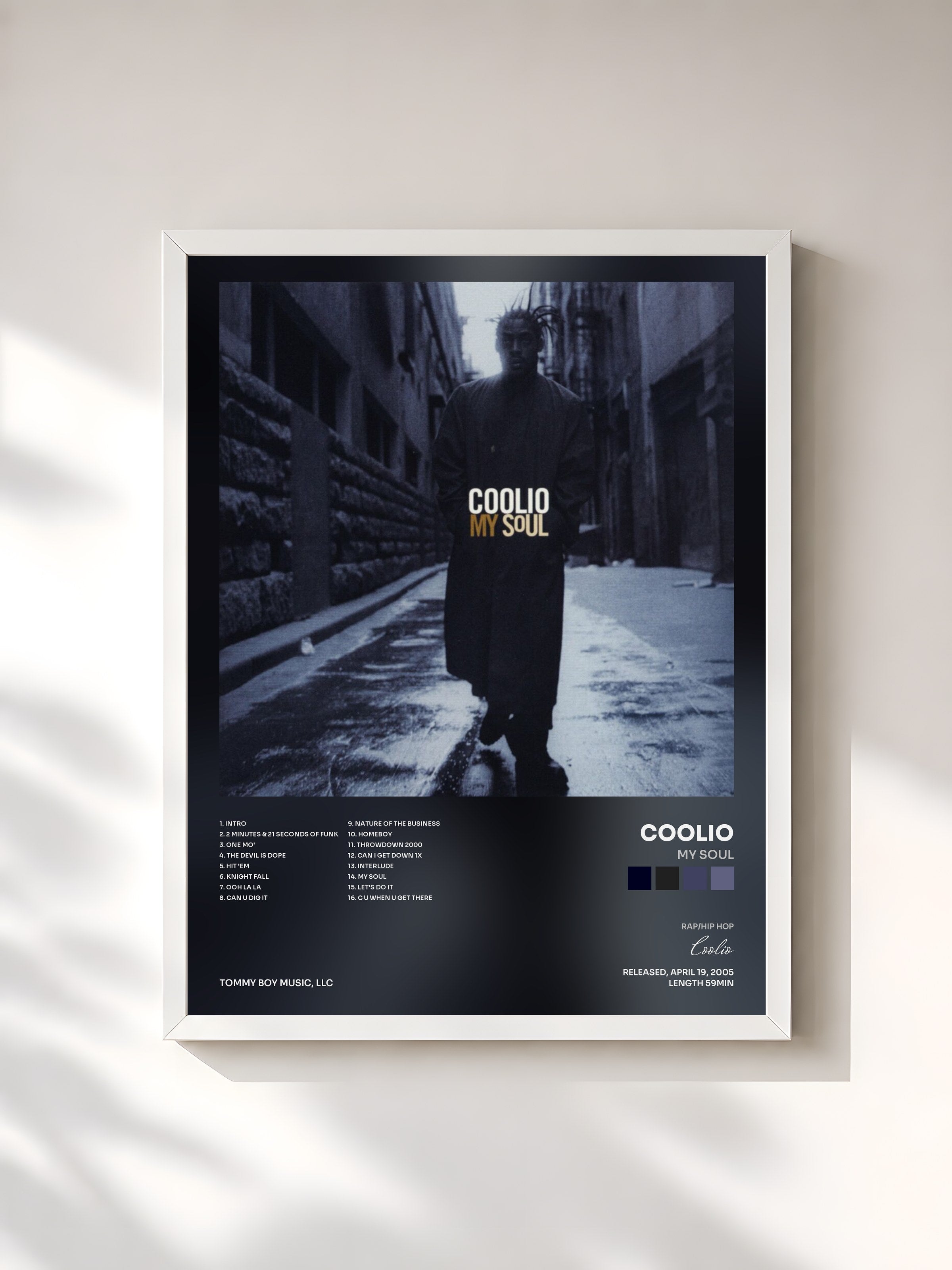 #blanc Tableau de l'album My Soul de Coolio, cadre blanc, imprimé et encadré en France