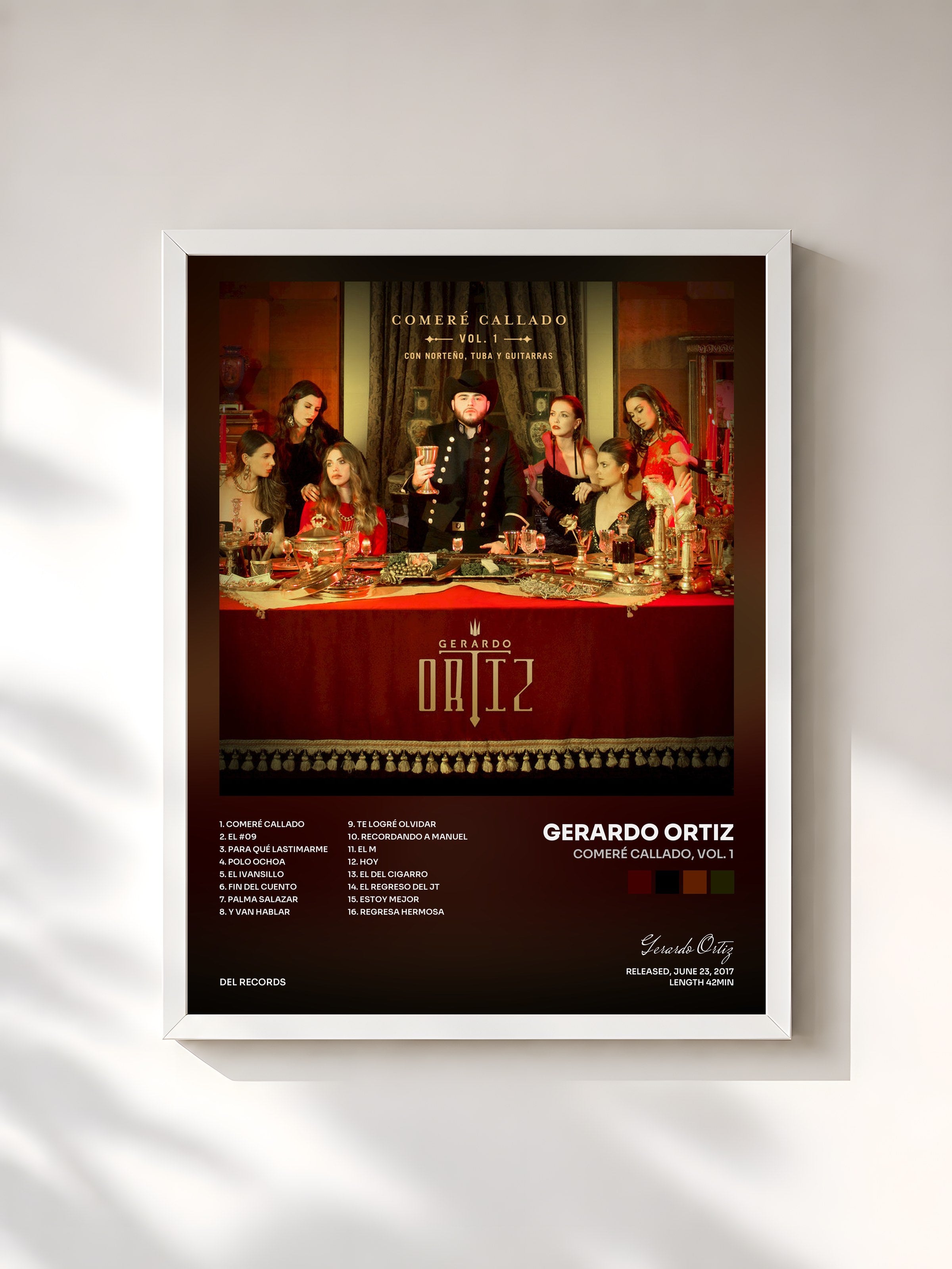 #blanc Tableau de l'album Comeré Callado, Vol. 1 de Gerardo Ortiz, cadre blanc, imprimé et encadré en France