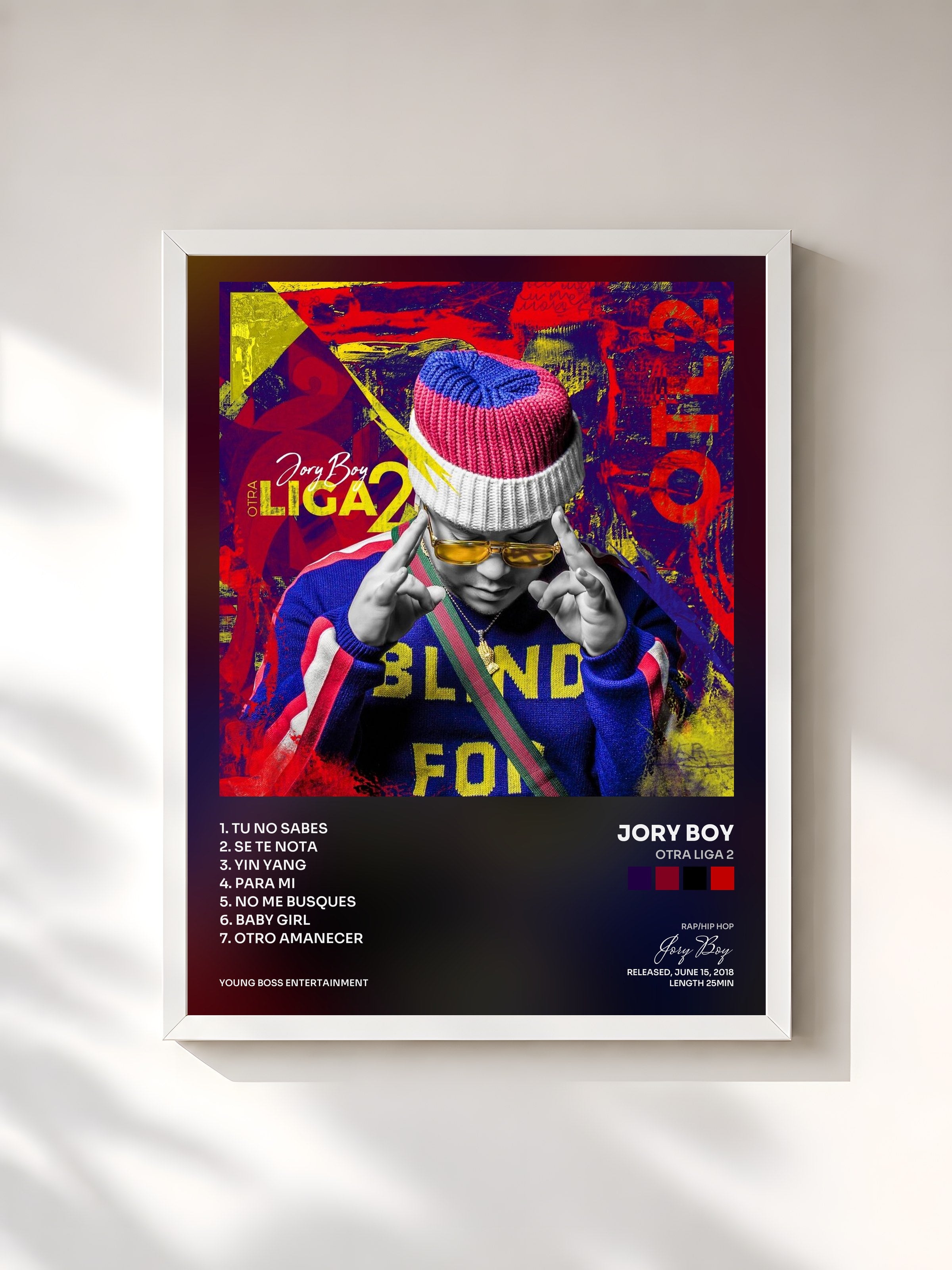 #blanc Tableau de l'album Otra Liga 2 de Jory Boy, cadre blanc, imprimé et encadré en France