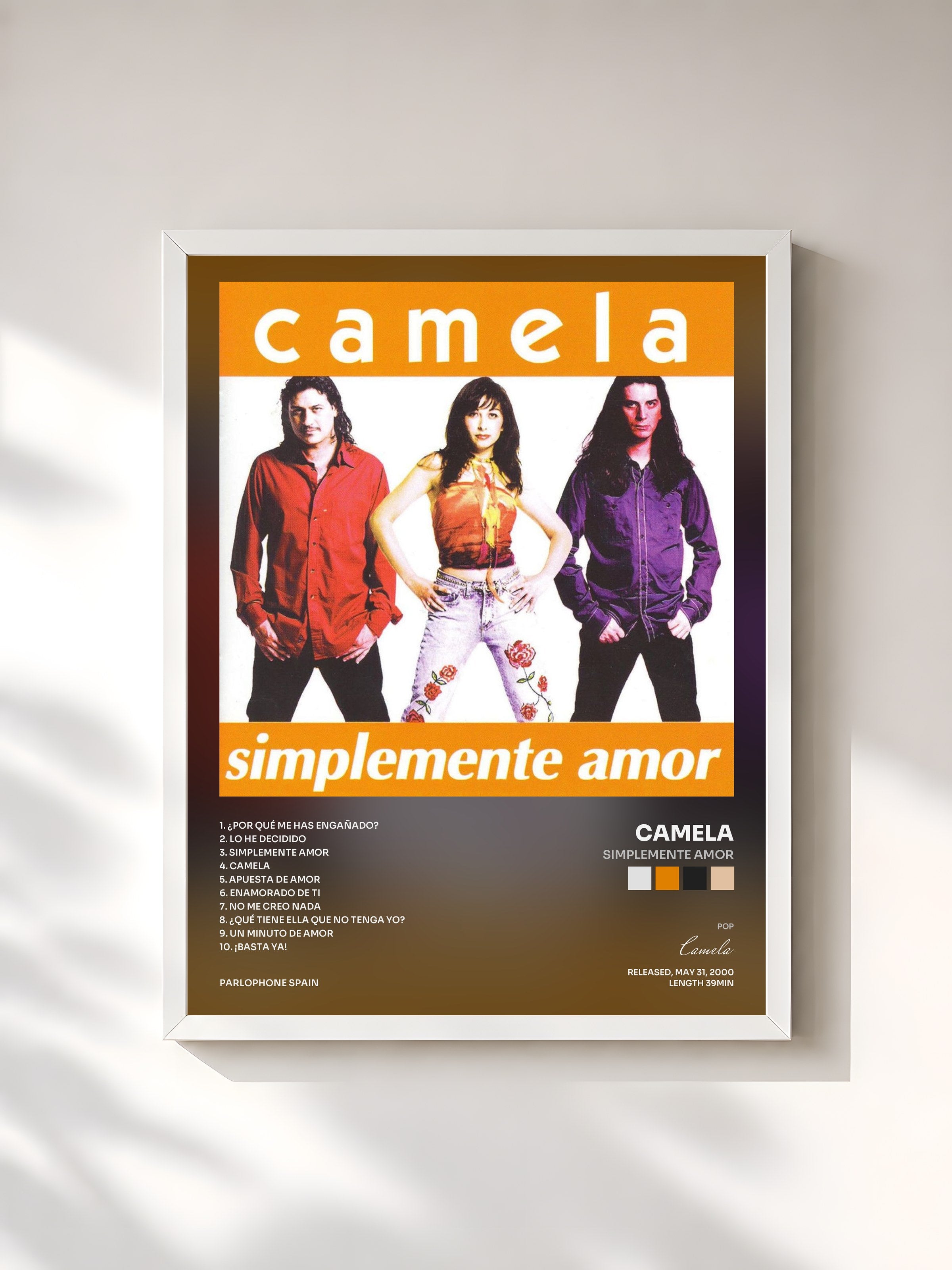 #blanc Tableau de l'album Simplemente Amor de Camela, cadre blanc, imprimé et encadré en France