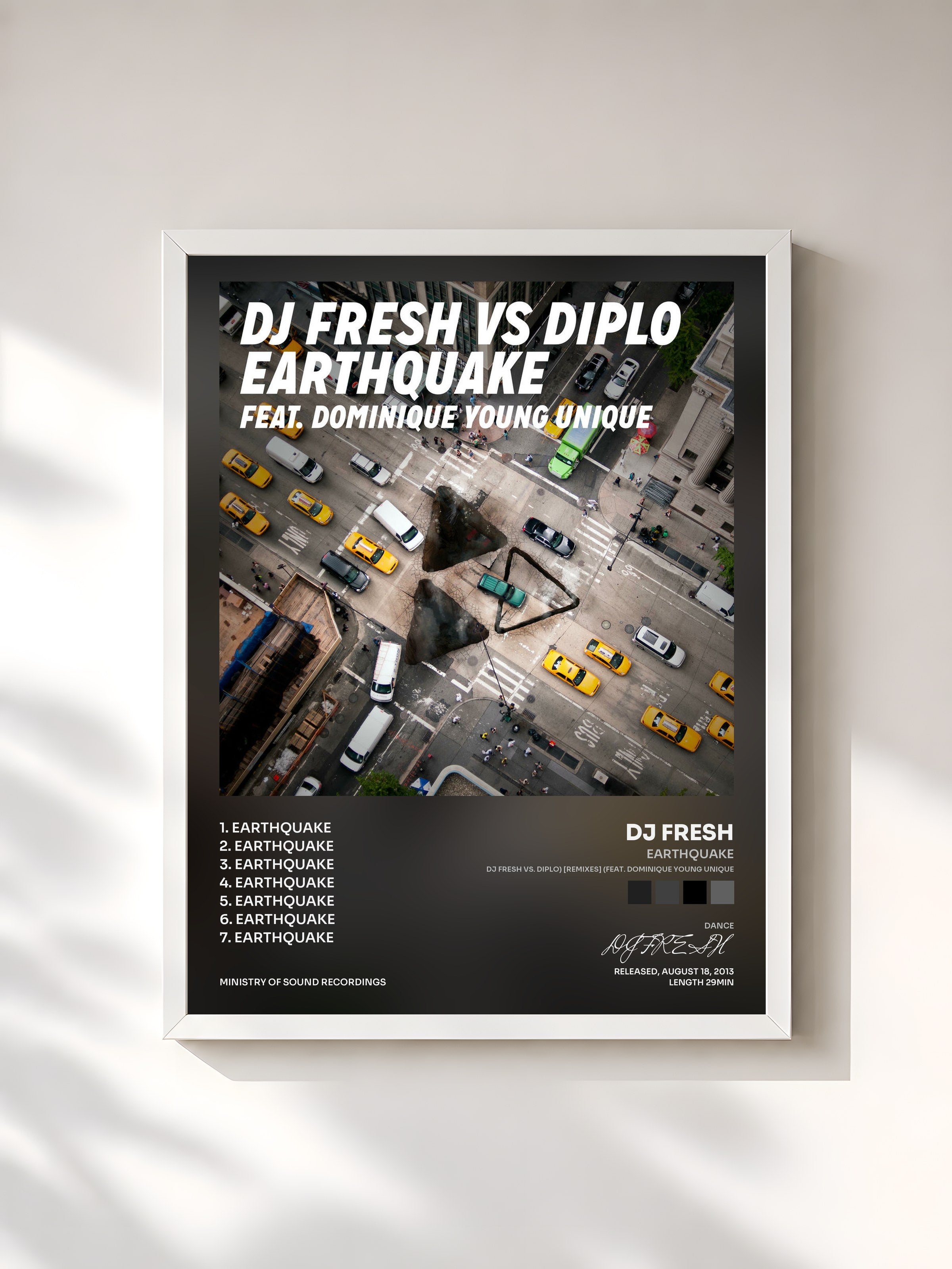 #blanc Tableau de l'album Earthquake (DJ Fresh vs. Diplo) [Remixes] (feat. Dominique Young Unique) de DJ FRESH, cadre blanc, imprimé et encadré en France