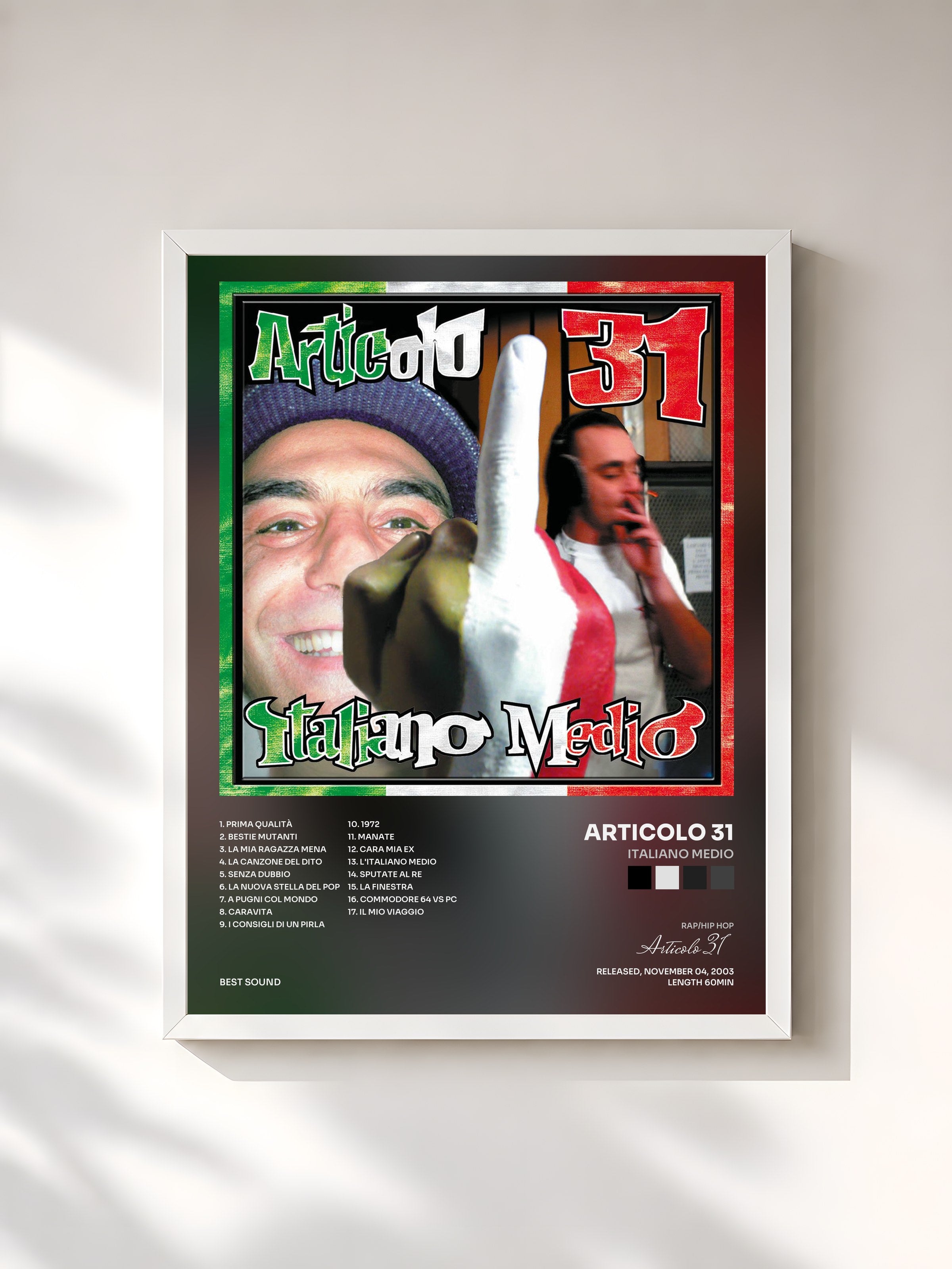 #blanc Tableau de l'album Italiano medio de Articolo 31, cadre blanc, imprimé et encadré en France