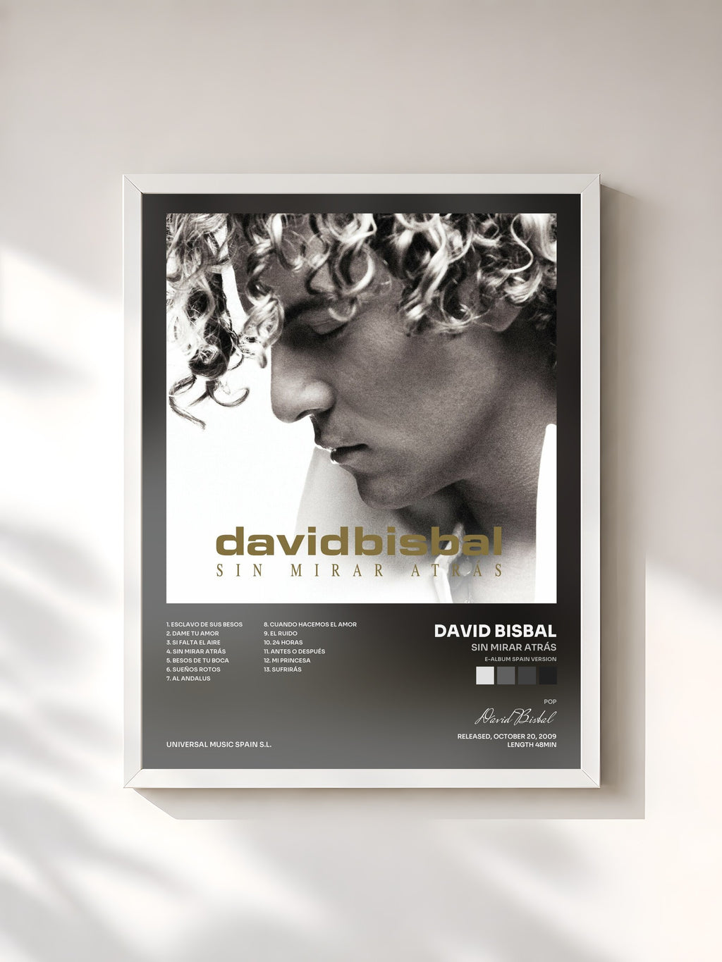 #blanc Tableau de l'album Sin Mirar Atrás (E-Album Spain Version) de David Bisbal, cadre blanc, imprimé et encadré en France