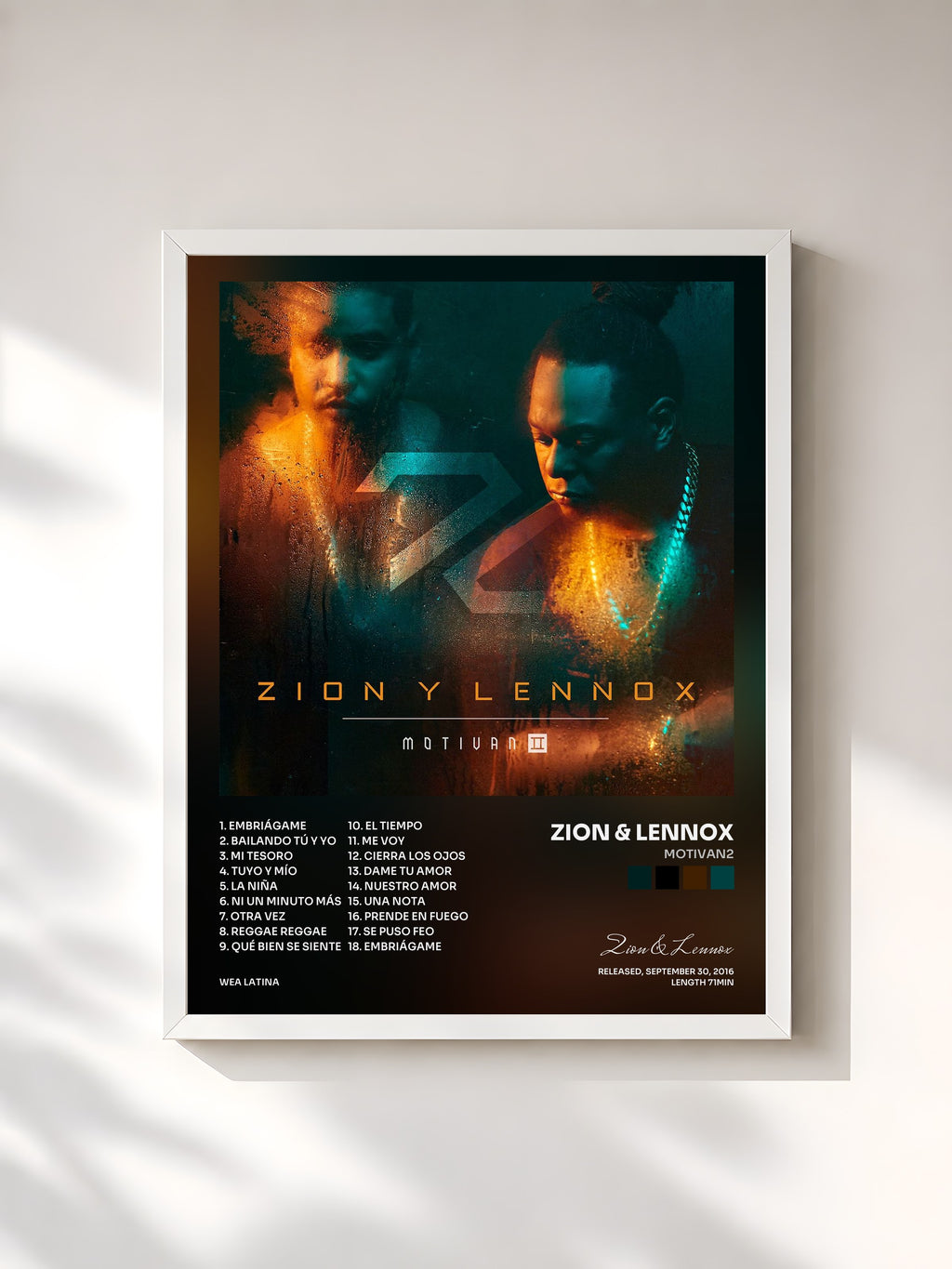 #blanc Tableau de l'album Motivan2 de Zion & Lennox, cadre blanc, imprimé et encadré en France