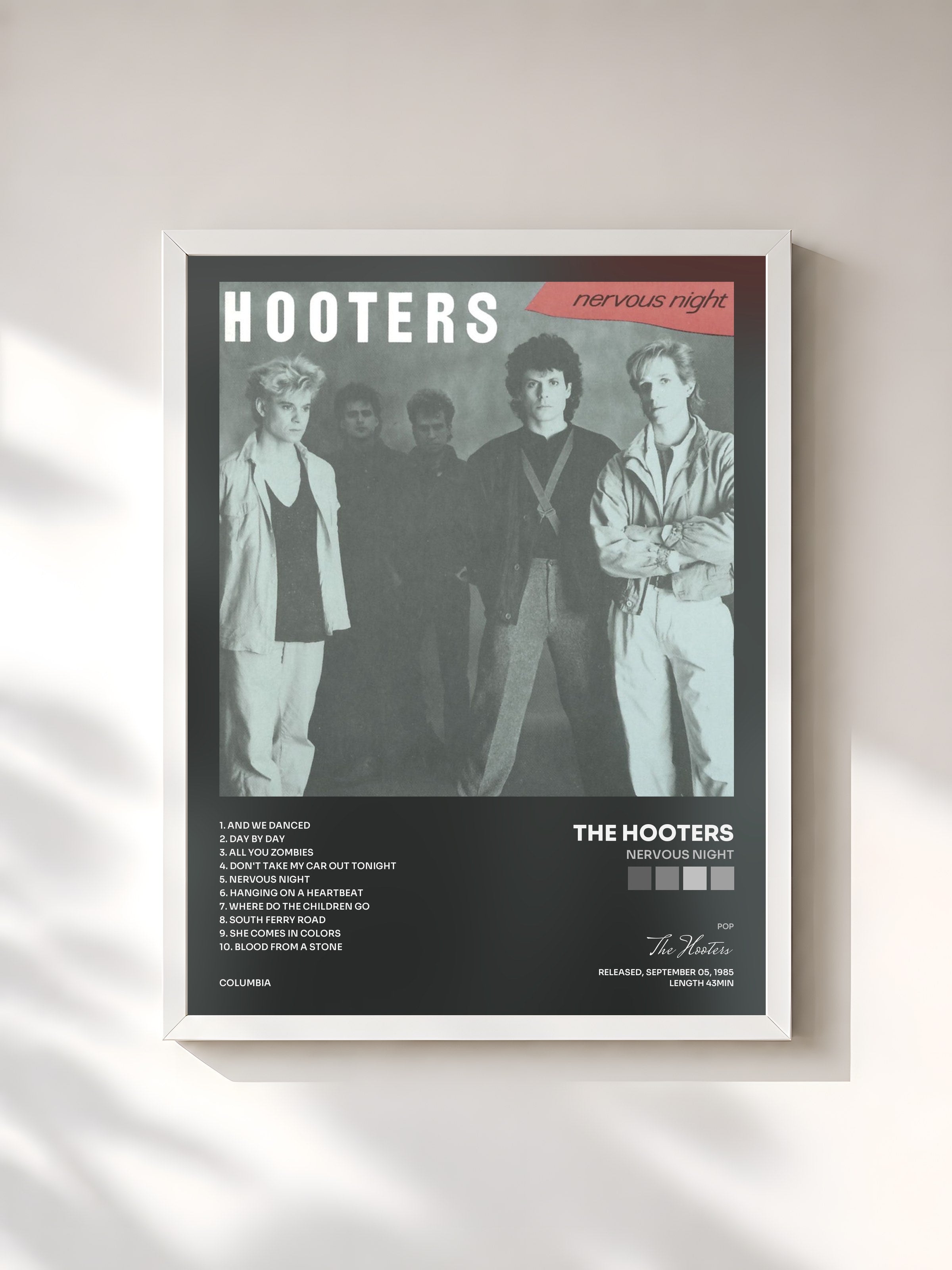 #blanc Tableau de l'album Nervous Night de The Hooters, cadre blanc, imprimé et encadré en France