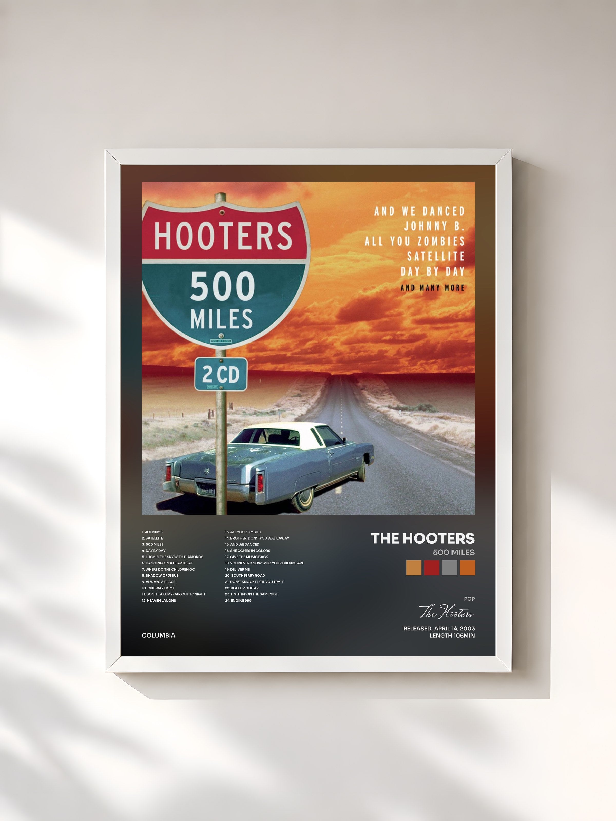 #blanc Tableau de l'album 500 Miles de The Hooters, cadre blanc, imprimé et encadré en France