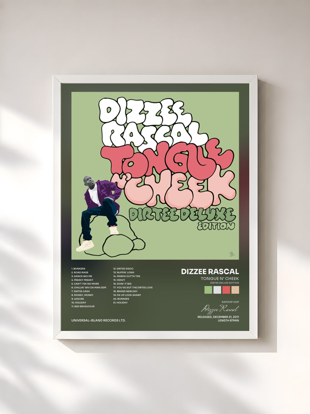 #blanc Tableau de l'album Tongue N' Cheek (Dirtee Deluxe Edition) de Dizzee Rascal, cadre blanc, imprimé et encadré en France