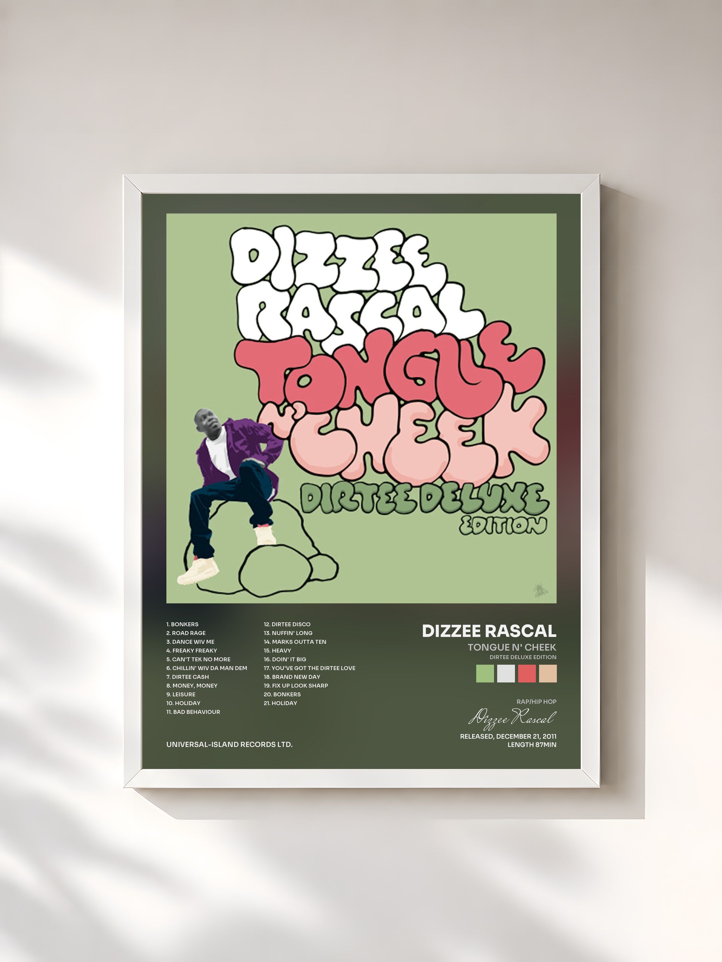#blanc Tableau de l'album Tongue N' Cheek (Dirtee Deluxe Edition) de Dizzee Rascal, cadre blanc, imprimé et encadré en France