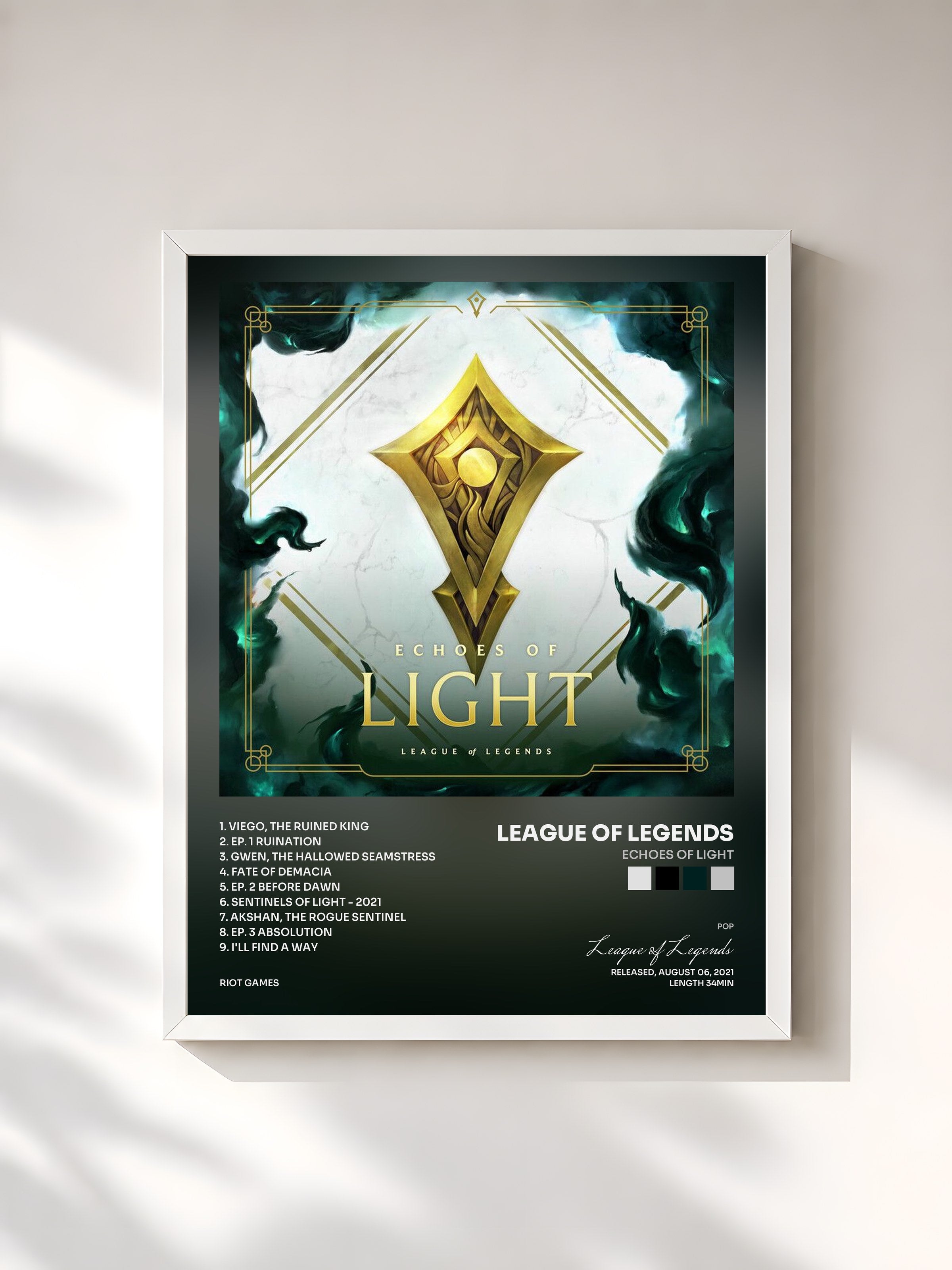 #blanc Tableau de l'album Echoes of Light de League of Legends, cadre blanc, imprimé et encadré en France