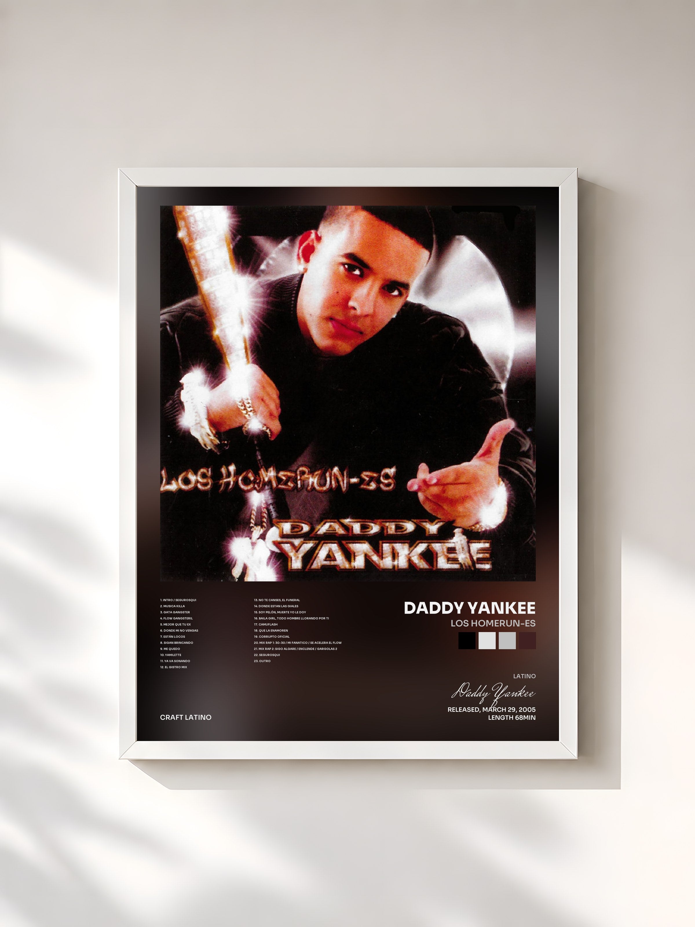 #blanc Tableau de l'album Los Homerun-es de Daddy Yankee, cadre blanc, imprimé et encadré en France