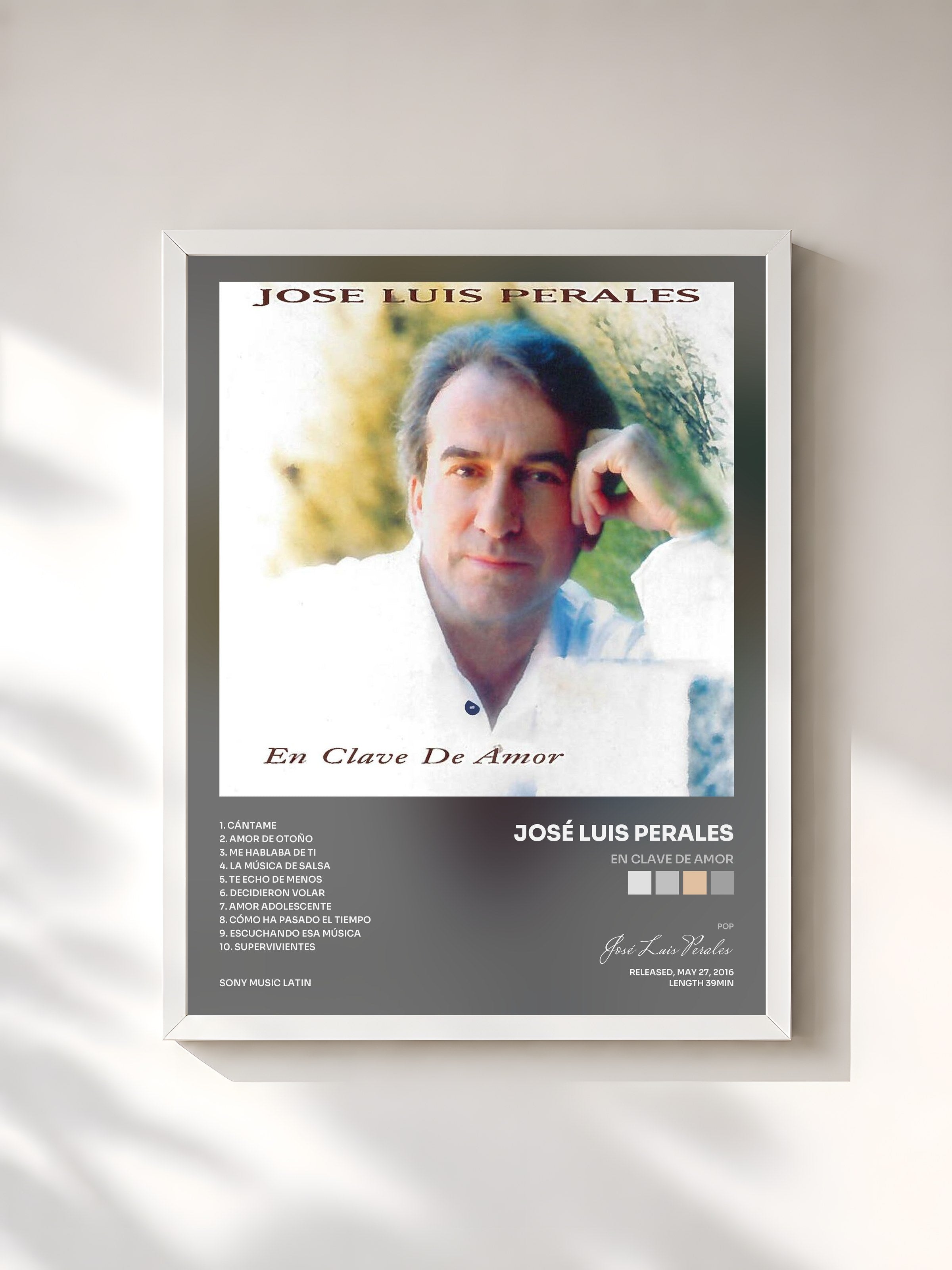 #blanc Tableau de l'album En Clave de Amor de José Luis Perales, cadre blanc, imprimé et encadré en France