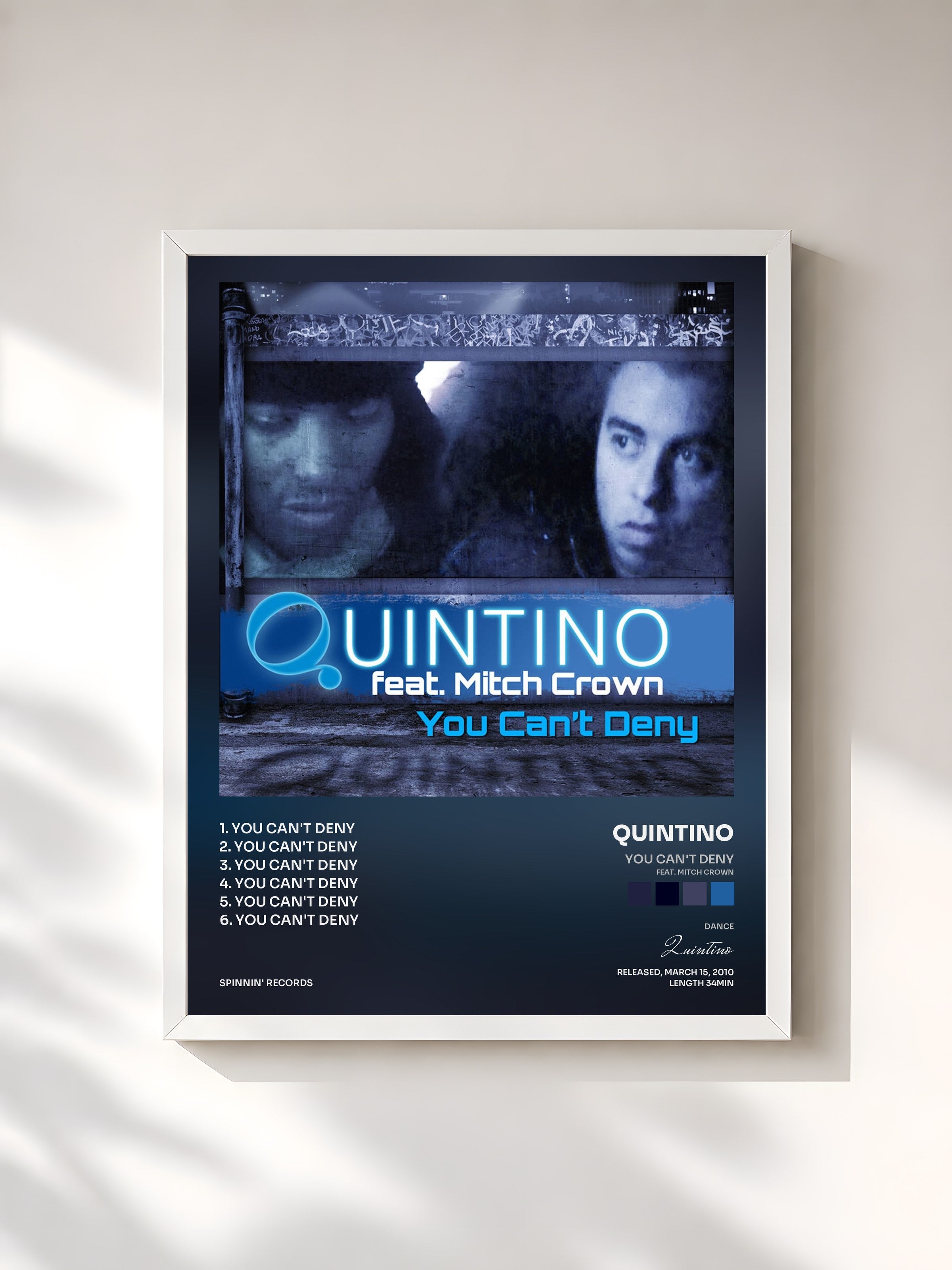 #blanc Tableau de l'album You Can't Deny (feat. Mitch Crown) de Quintino, cadre blanc, imprimé et encadré en France