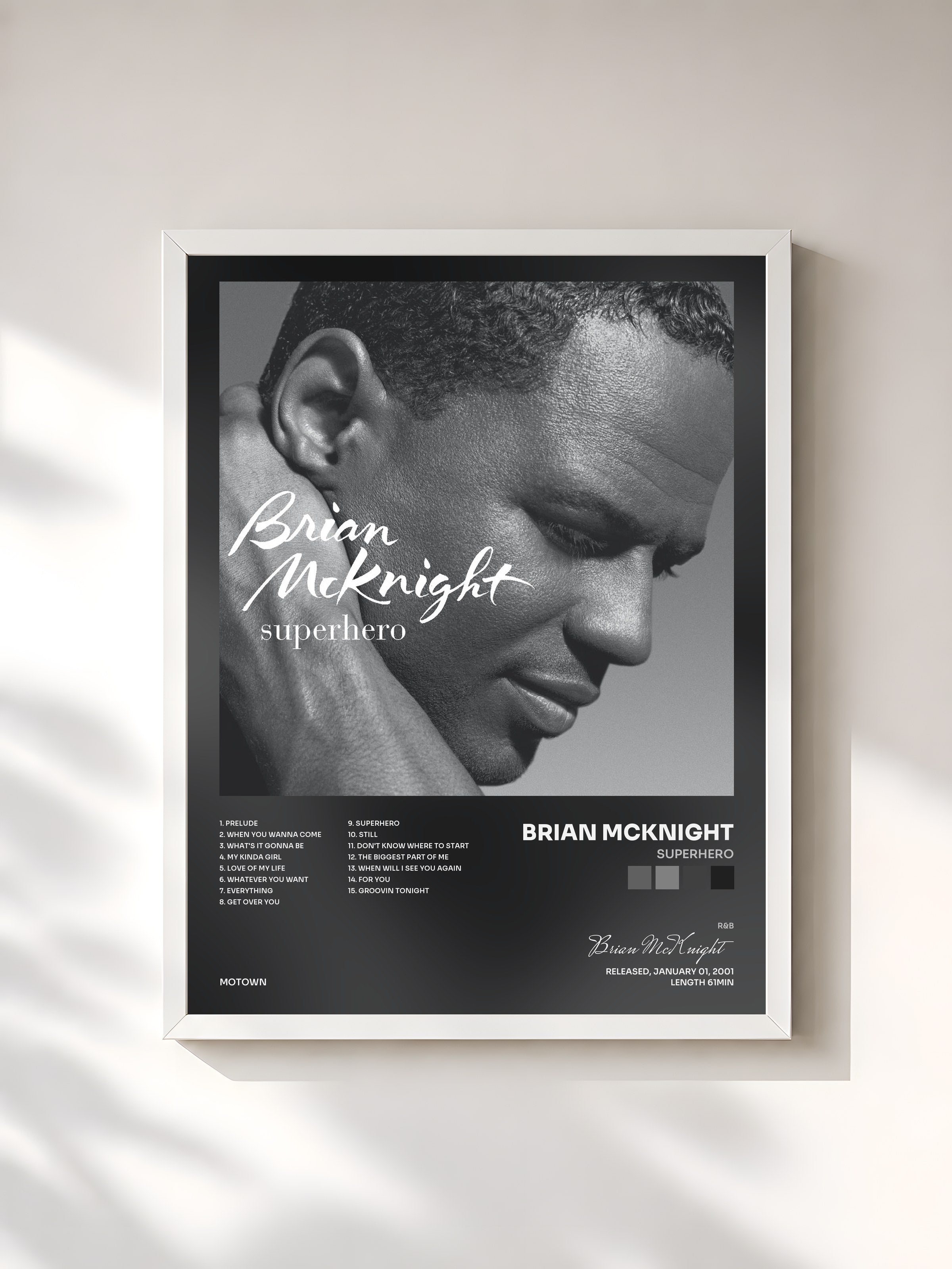 #blanc Tableau de l'album Superhero de Brian McKnight, cadre blanc, imprimé et encadré en France